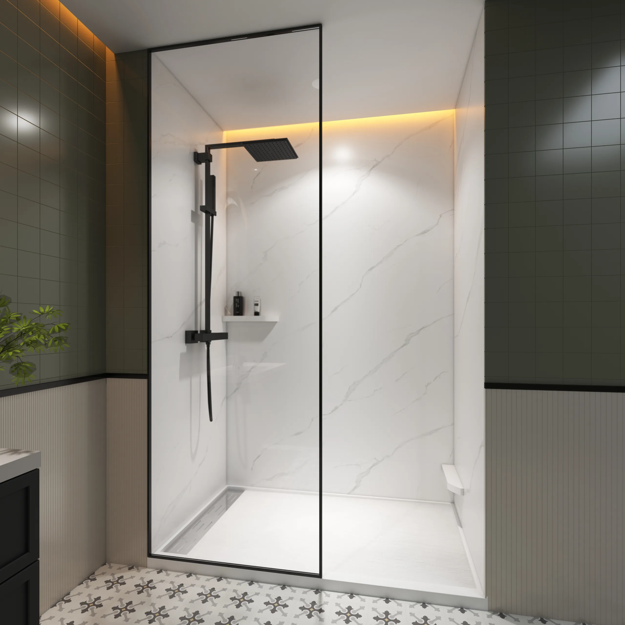 Contemporary walk-in shower showcasing bold gold and grey organic textures on luxury veined cultured marble shower panels.