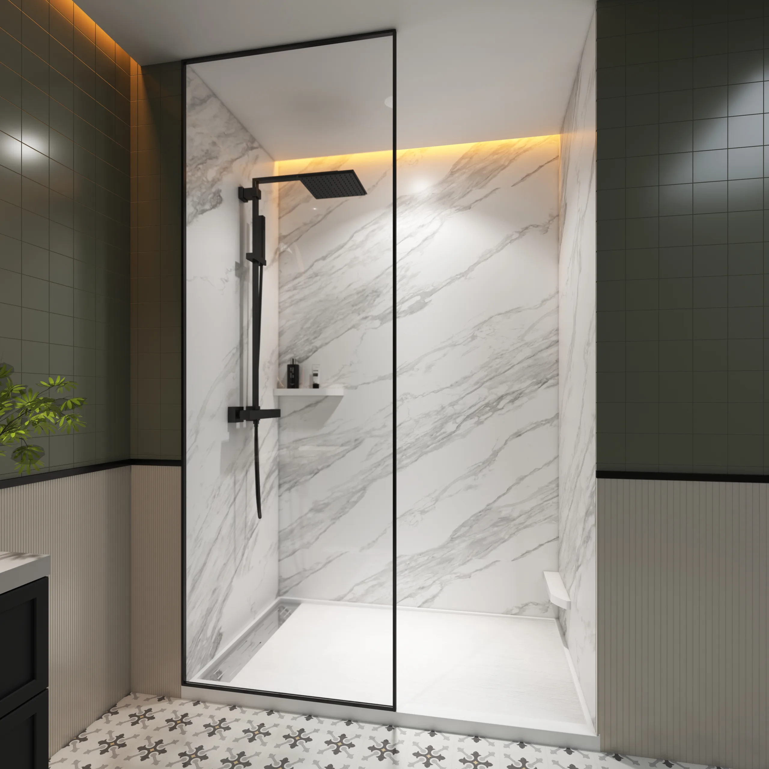 Modern walk-in commercial bathroom enclosure featuring high-definition Calacatta style cultured marble shower panels paired with a black glass frame sliding screen.