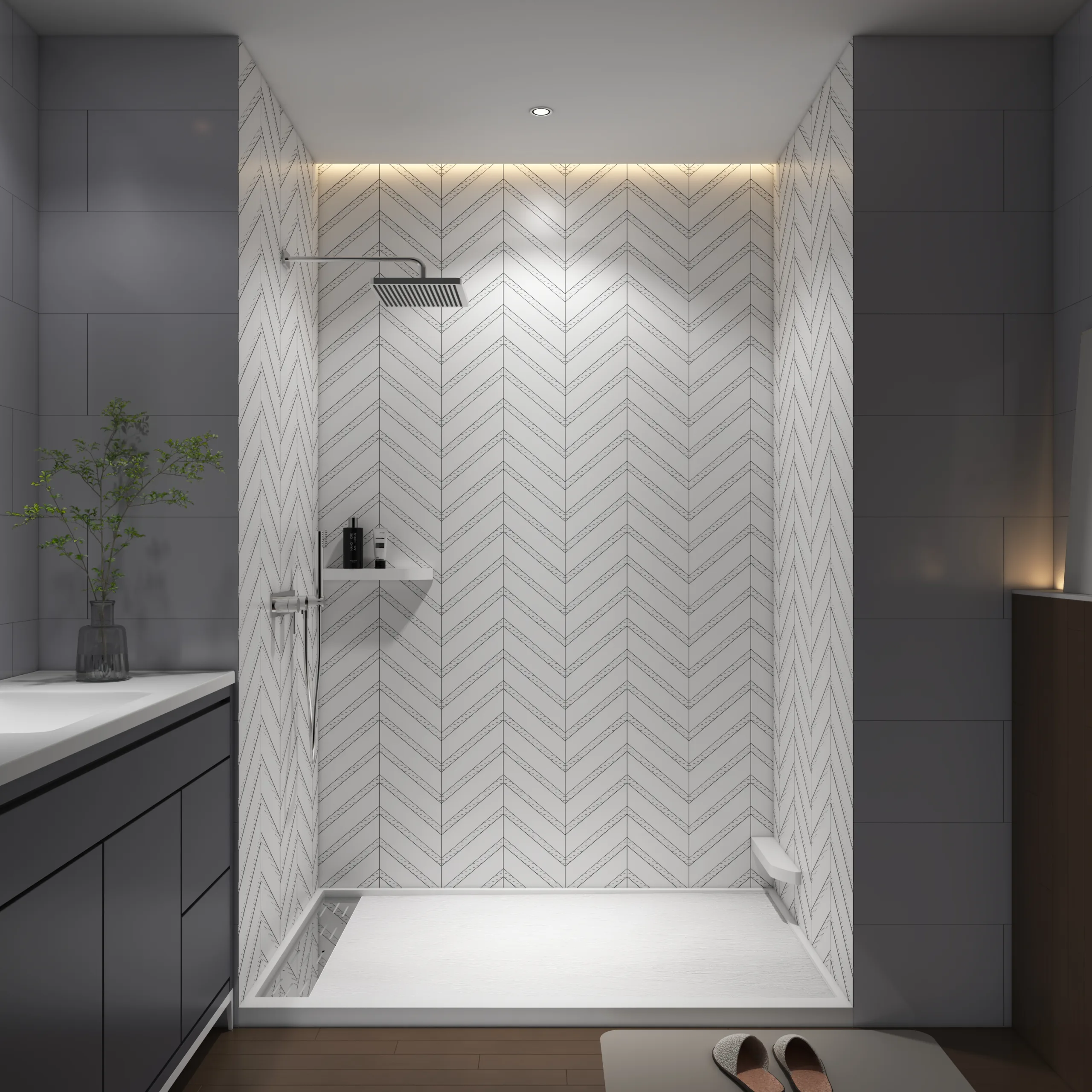 Luxury master bathroom walk-in shower showcasing white herringbone tile cultured marble shower panels with elegant geometric patterns.