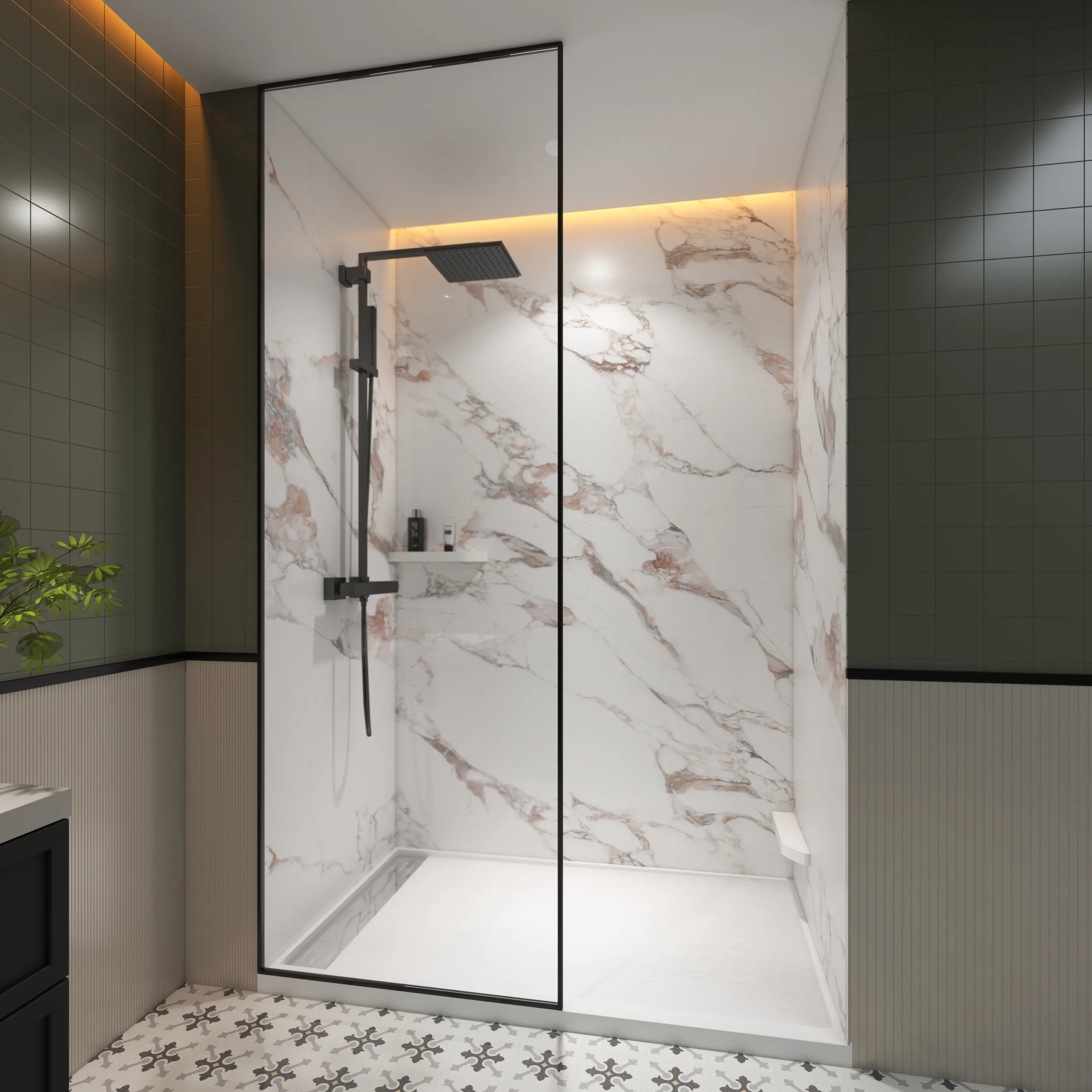Modern walk-in commercial bathroom enclosure featuring high-definition Calacatta Viola cultured marble shower panels paired with a matte black minimalist shower system in 18_2.jpg.