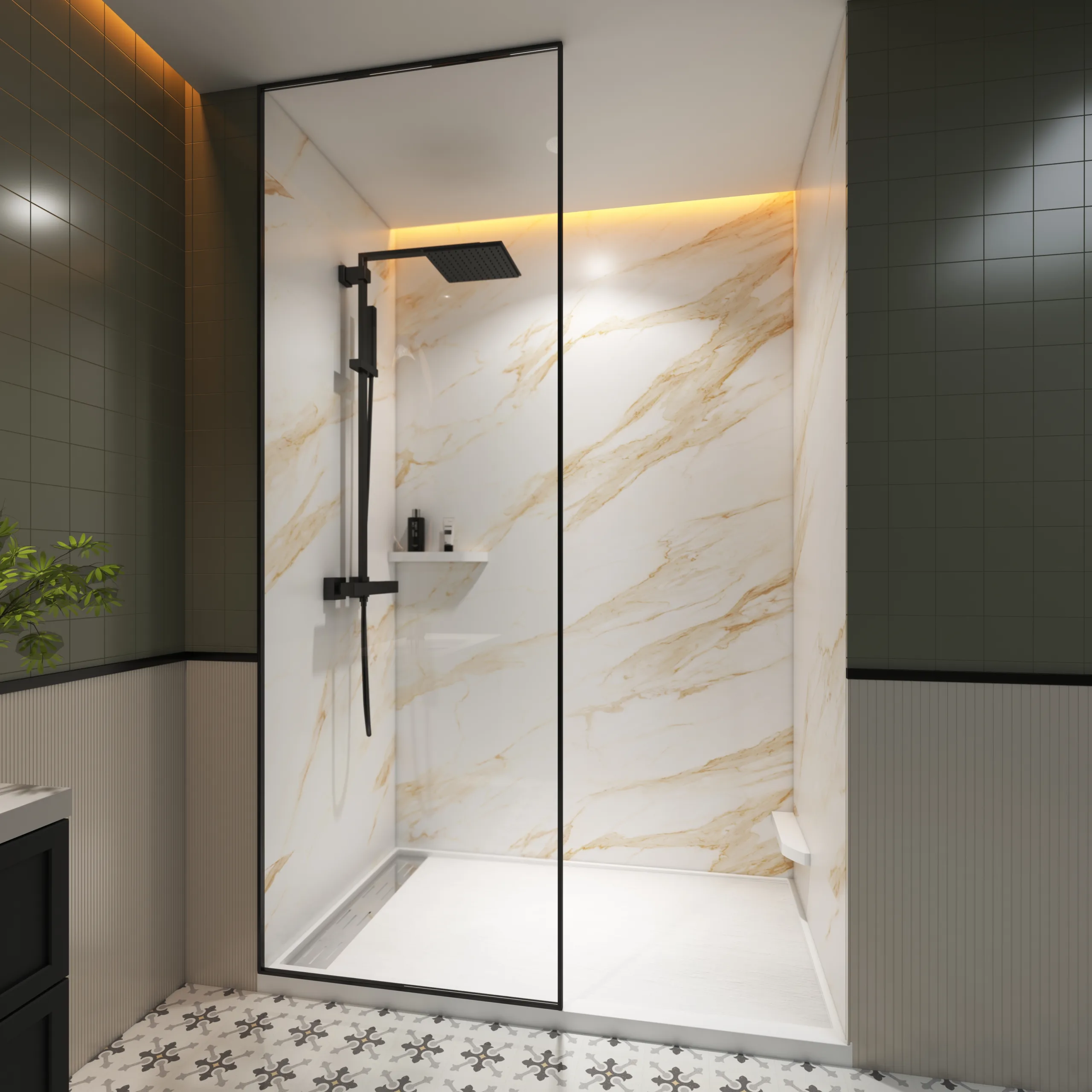 Modern walk-in commercial bathroom enclosure featuring high-definition Calacatta Gold cultured marble shower panels paired with a matte black minimalist shower system in 20.jpg.