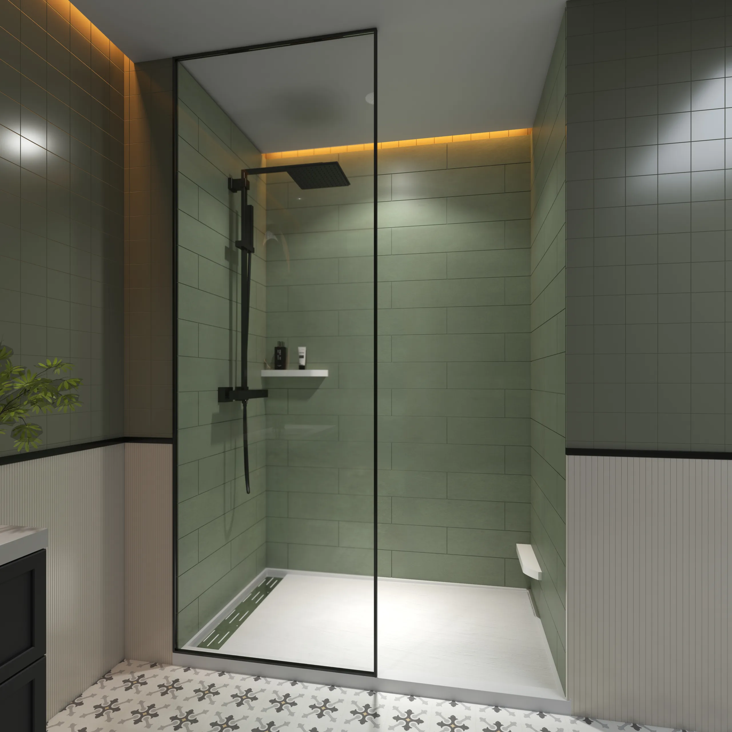 Modern walk-in commercial bathroom enclosure featuring high-definition sage green subway tile cultured marble shower panels in 21.jpg.