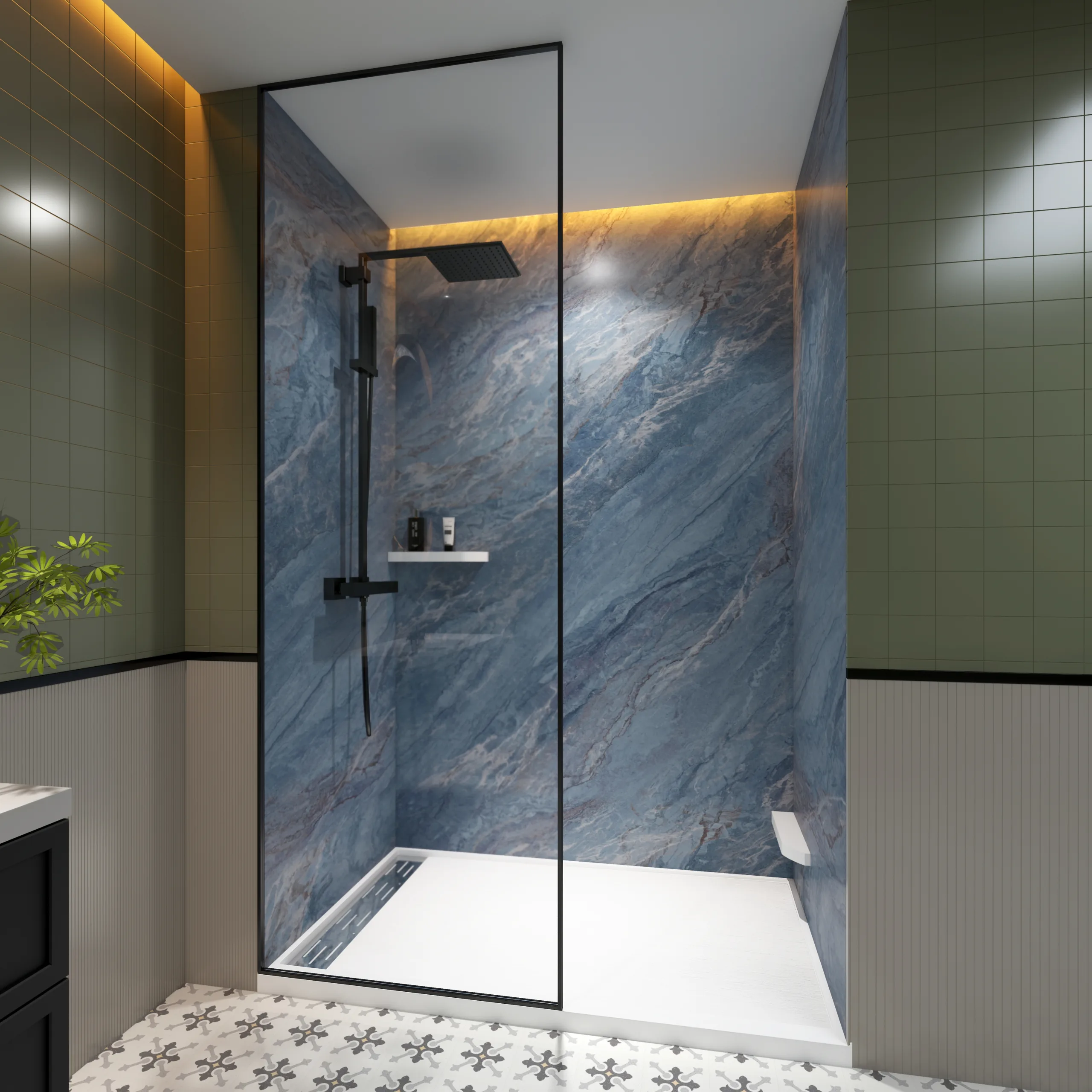 Modern walk-in commercial bathroom enclosure featuring high-definition ocean blue cultured marble shower panels paired with a matte black minimalist shower system in 22.jpg.