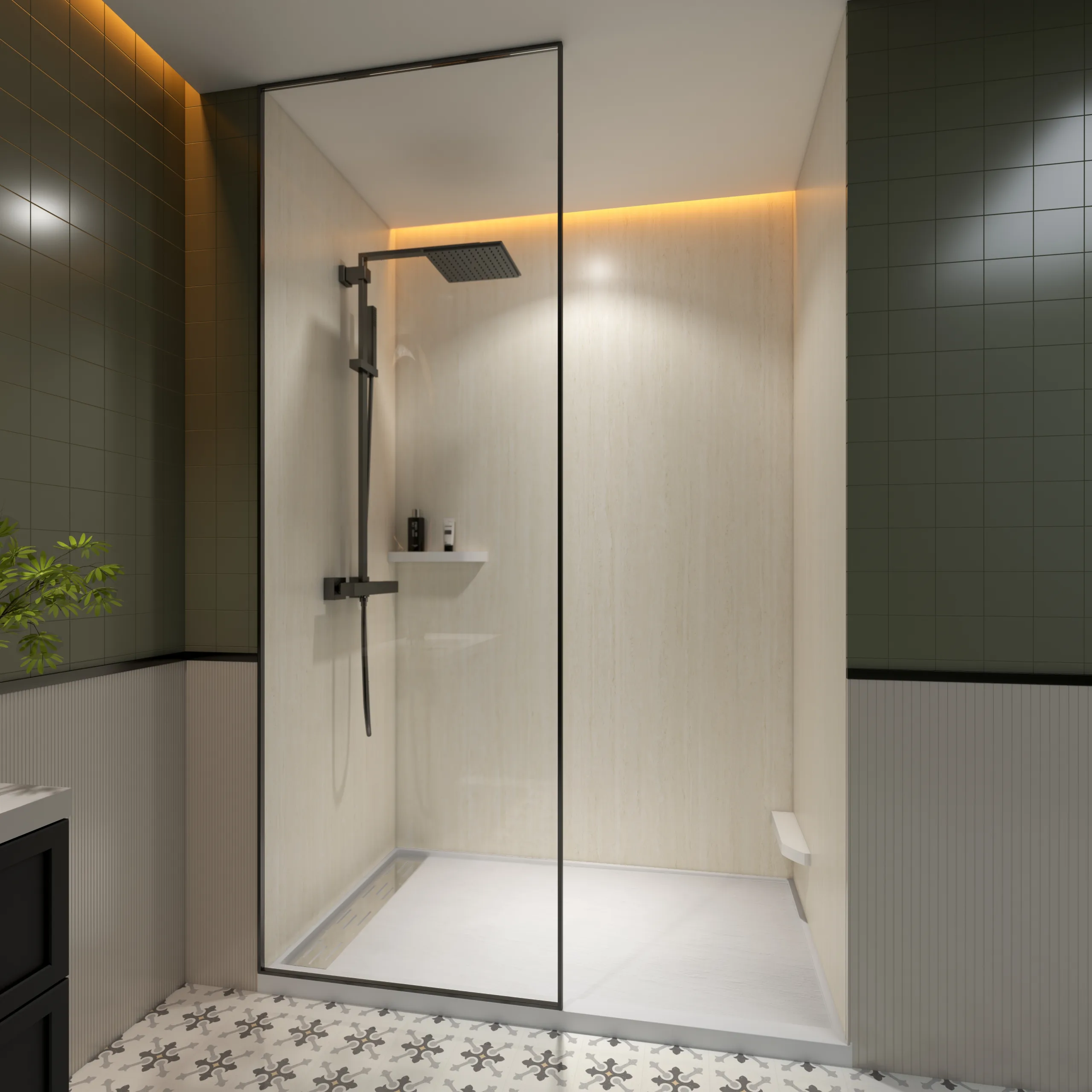 Modern walk-in commercial bathroom enclosure featuring high-definition cream travertine cultured marble shower panels paired with a matte black minimalist shower system in 24.jpg.