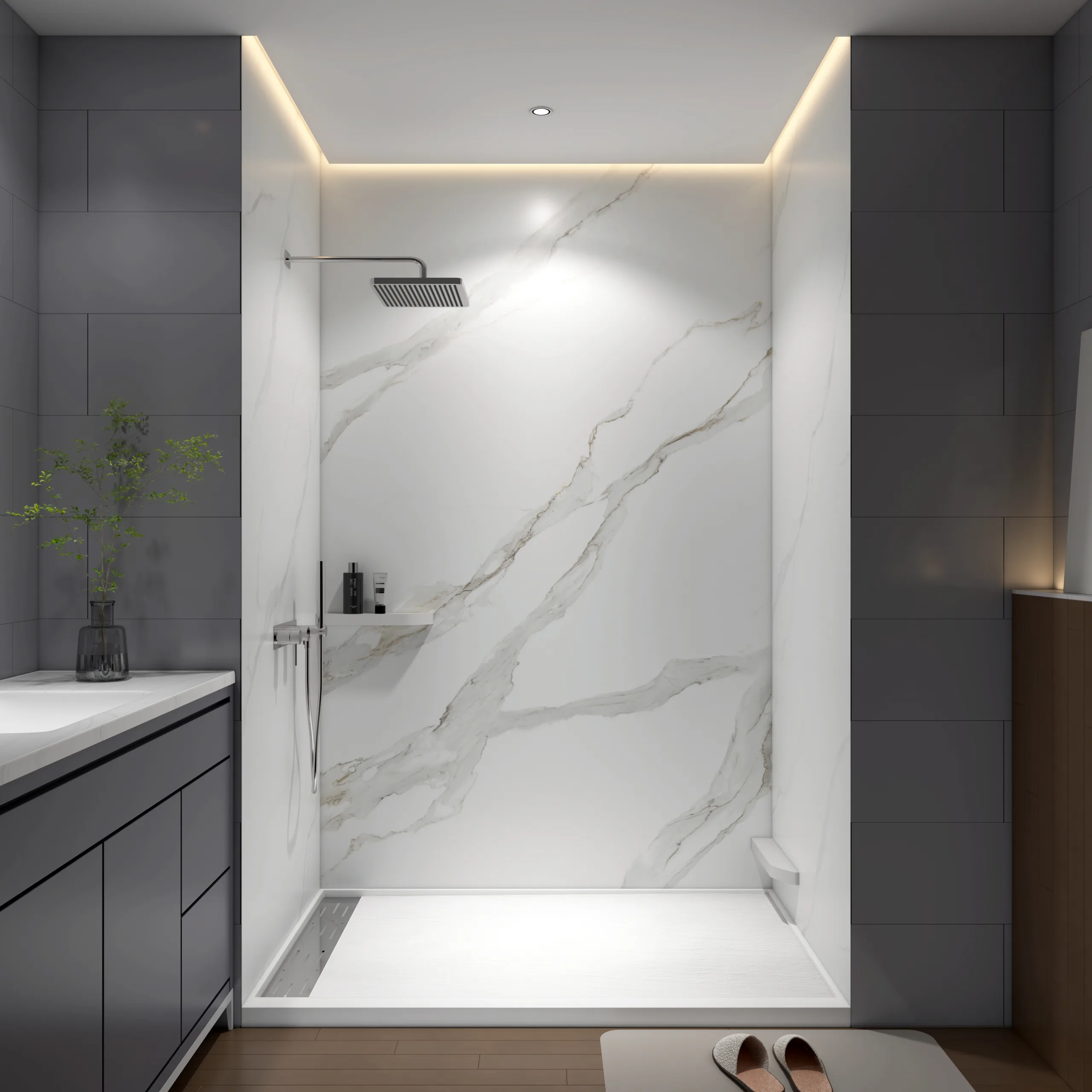 High-end hotel guest bath featuring white luxury veined cultured marble shower panels with elegant grey veins.