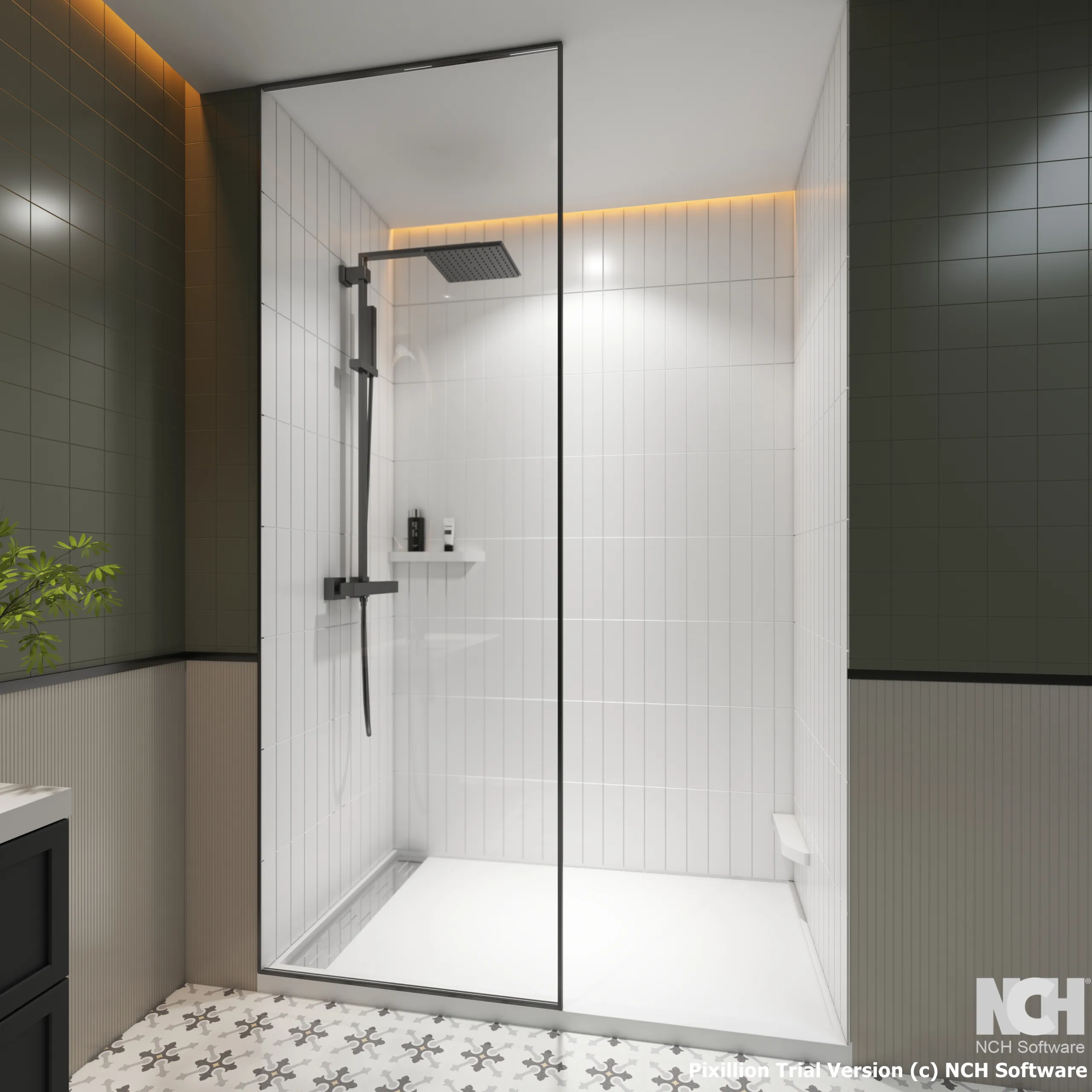 Modern walk-in commercial bathroom enclosure featuring high-definition white vertical stacked tile cultured marble shower panels paired with a matte black minimalist shower head.