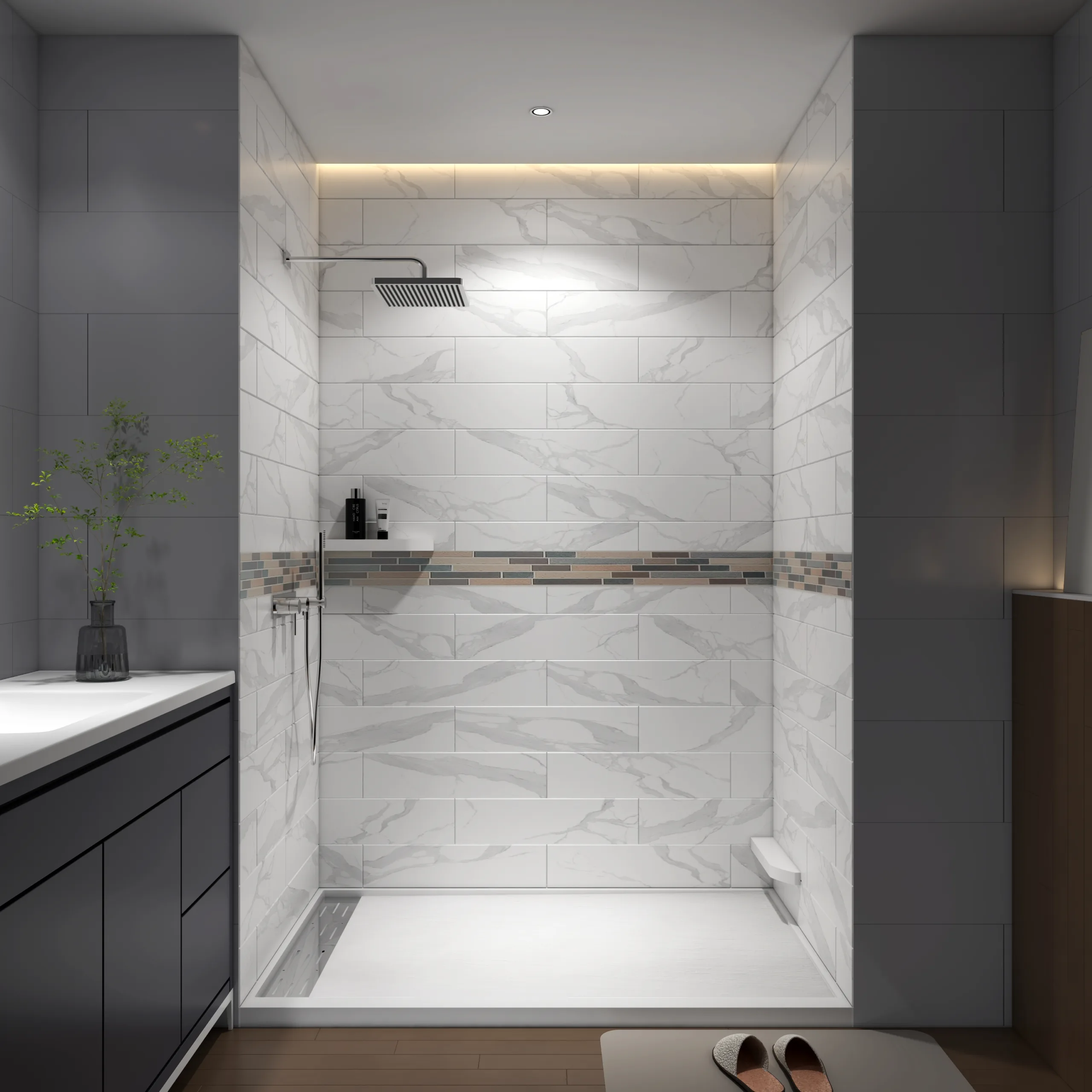 Luxury master bathroom walk-in shower showcasing white marble subway tile cultured marble shower panels with an integrated mosaic decorative border strip.