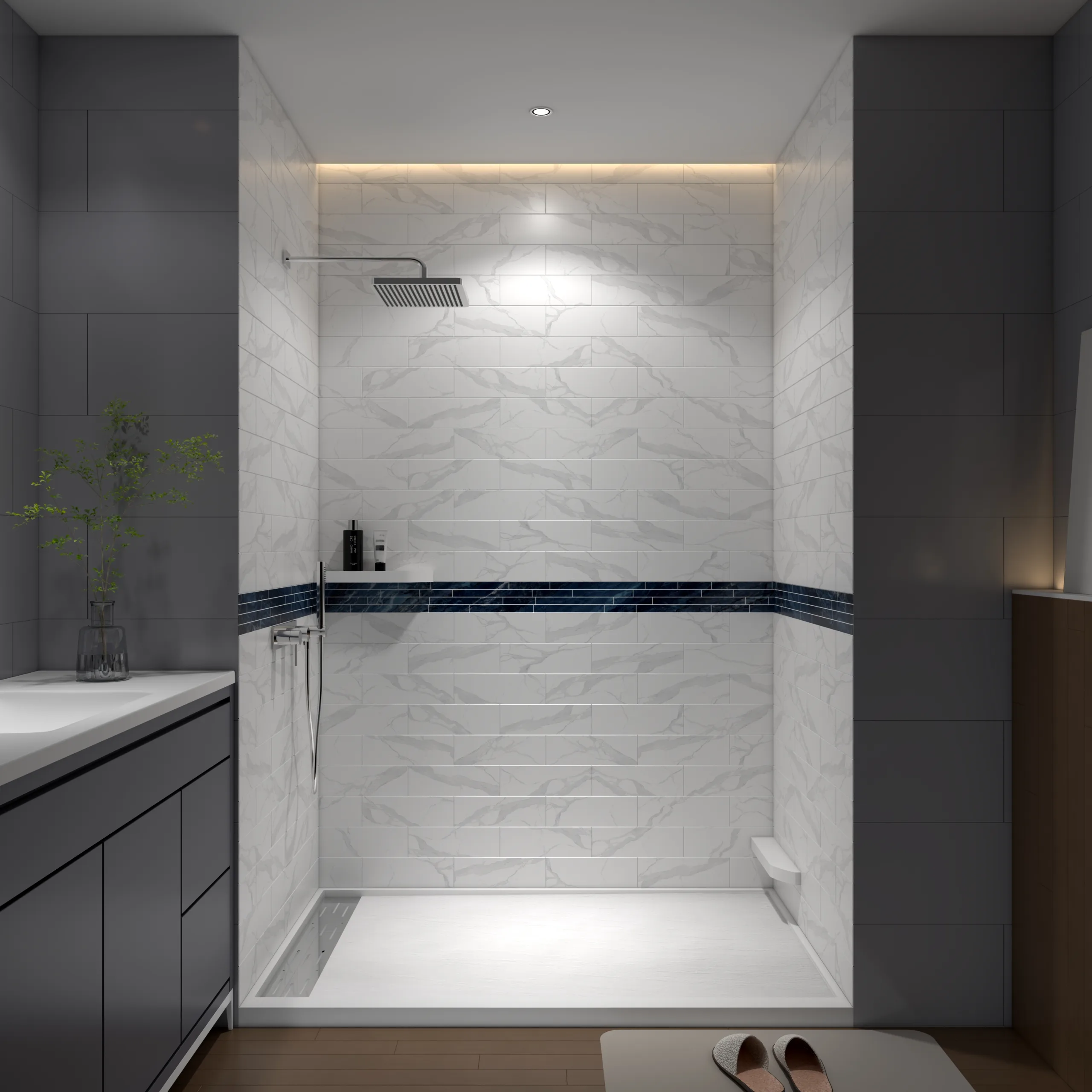Luxury master bathroom walk-in shower showcasing white marble subway tile cultured marble shower panels with an integrated dark blue mosaic decorative border strip.