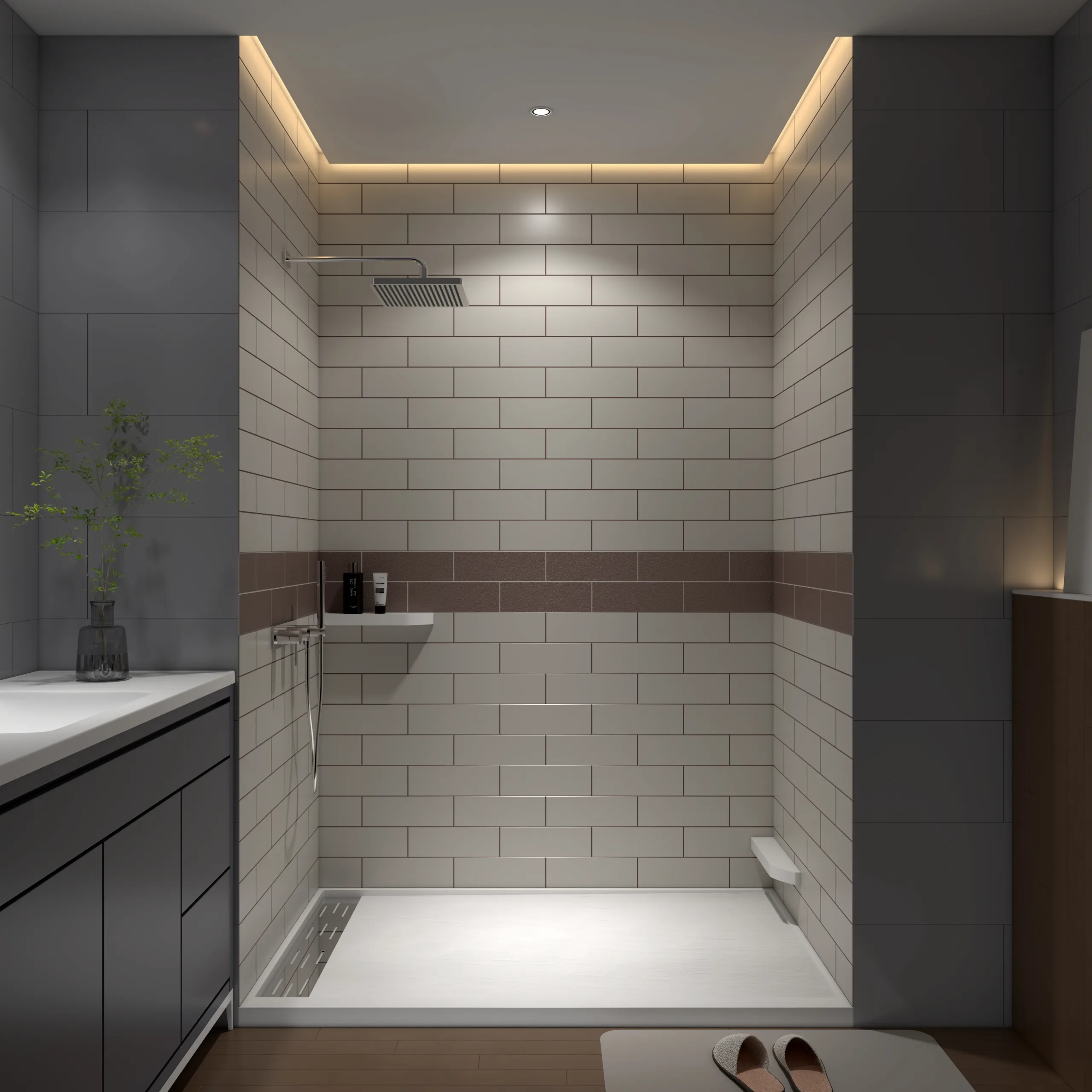 Luxury master bathroom walk-in shower showcasing cream subway tile cultured marble shower panels with an integrated brown mosaic decorative border strip in 8.jpg.