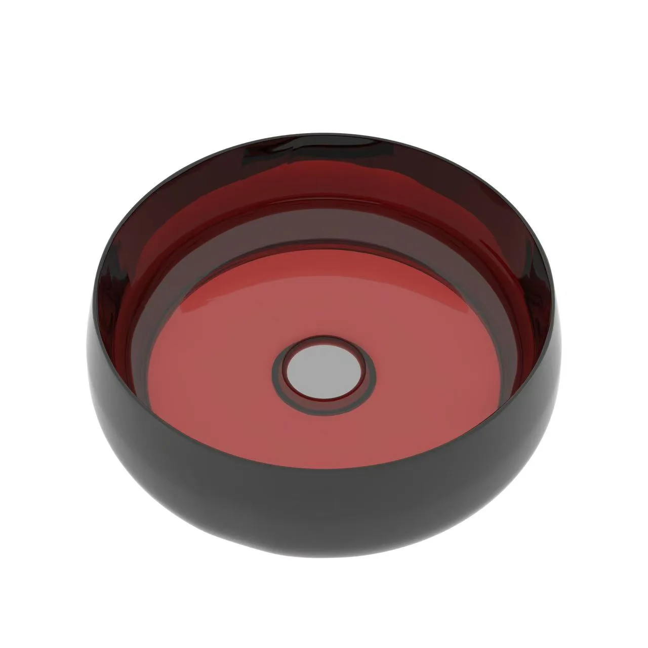 Standalone top-down rendering of a translucent ruby red round glass vessel bathroom sink.