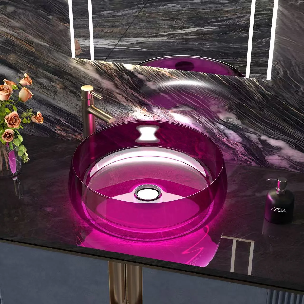 Contemporary hospitality restroom showcasing a vibrant purple round glass vessel bathroom sink paired with a sleek modern faucet.