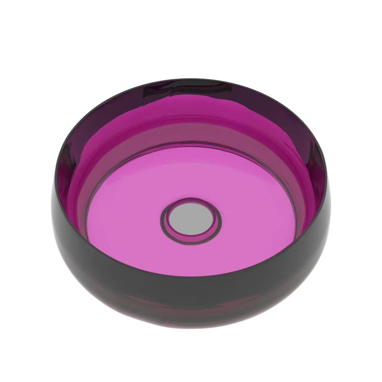 Isolated studio presentation of a translucent deep purple round glass vessel bathroom sink highlighting its polished circular silhouette.