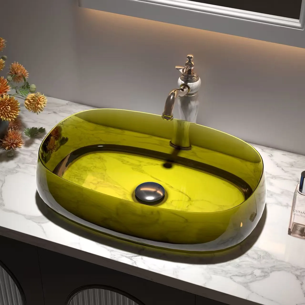 Luxury bathroom vanity featuring an olive green translucent marble glass vessel sink with a classic gold faucet.