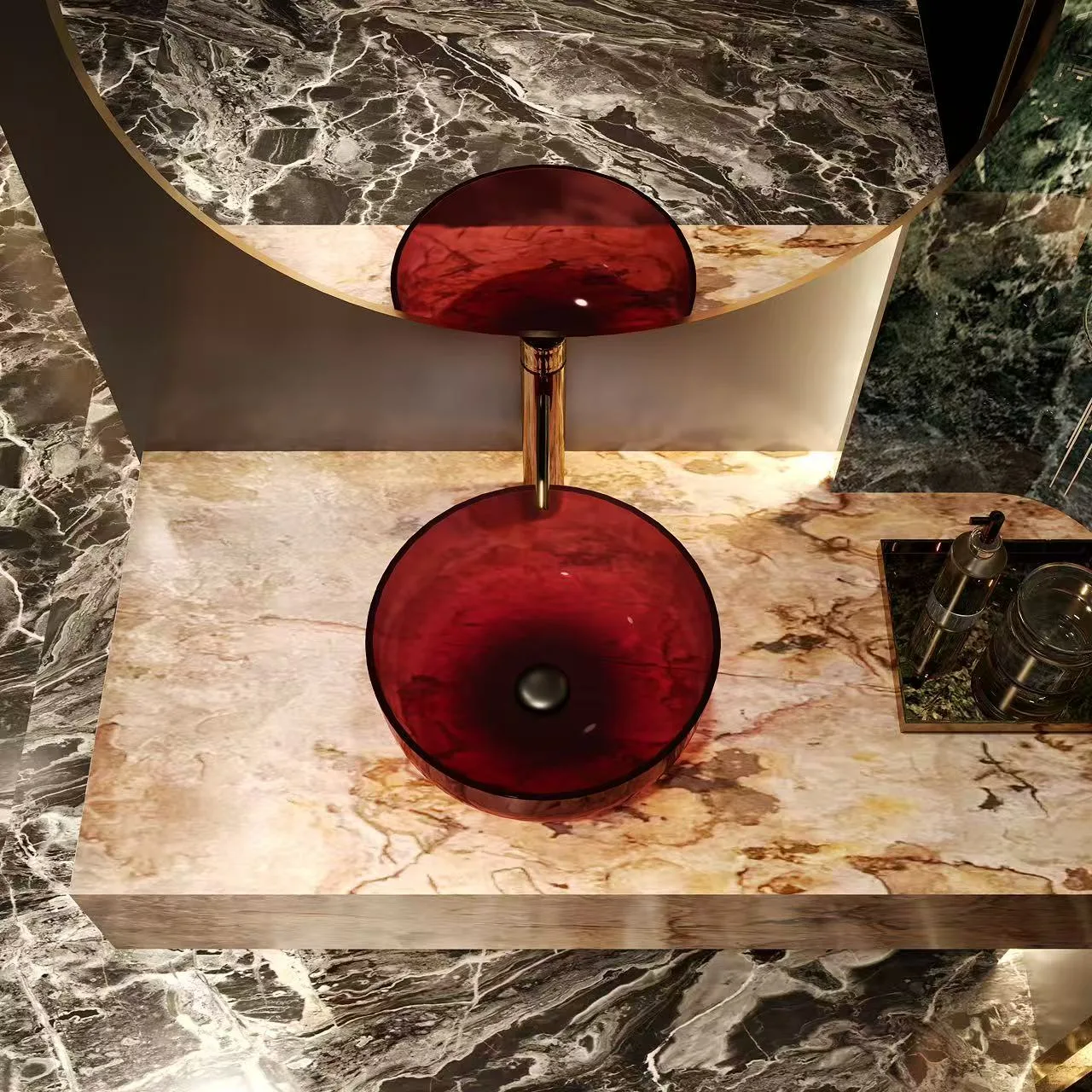 Top-down detailed view of a wine red translucent glass vessel countertop sink installed on a premium stone counter.