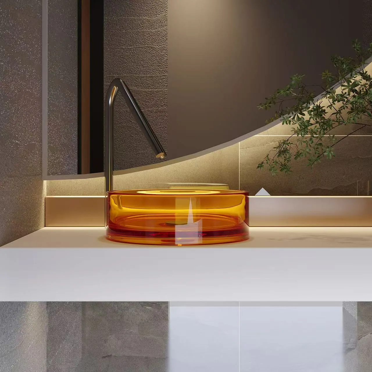 Deep-profile dark grey translucent round glass vessel sinks styled on a modern stone vanity counter.