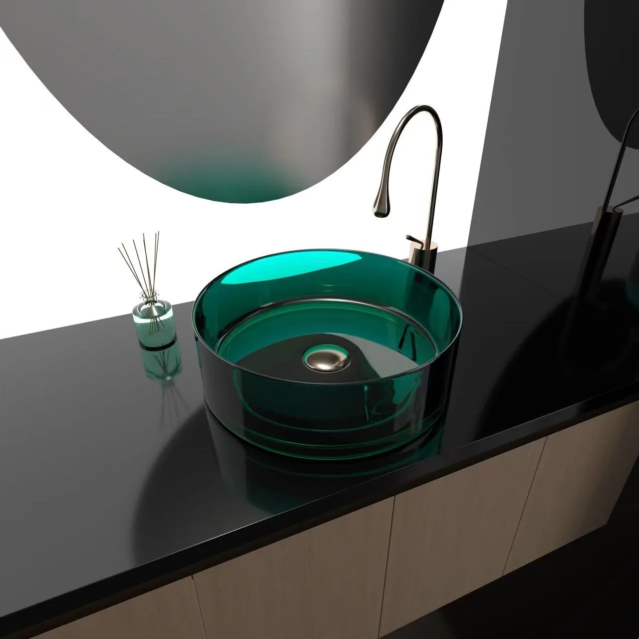 Modern corporate restroom design featuring an emerald green translucent round glass vessel sink.