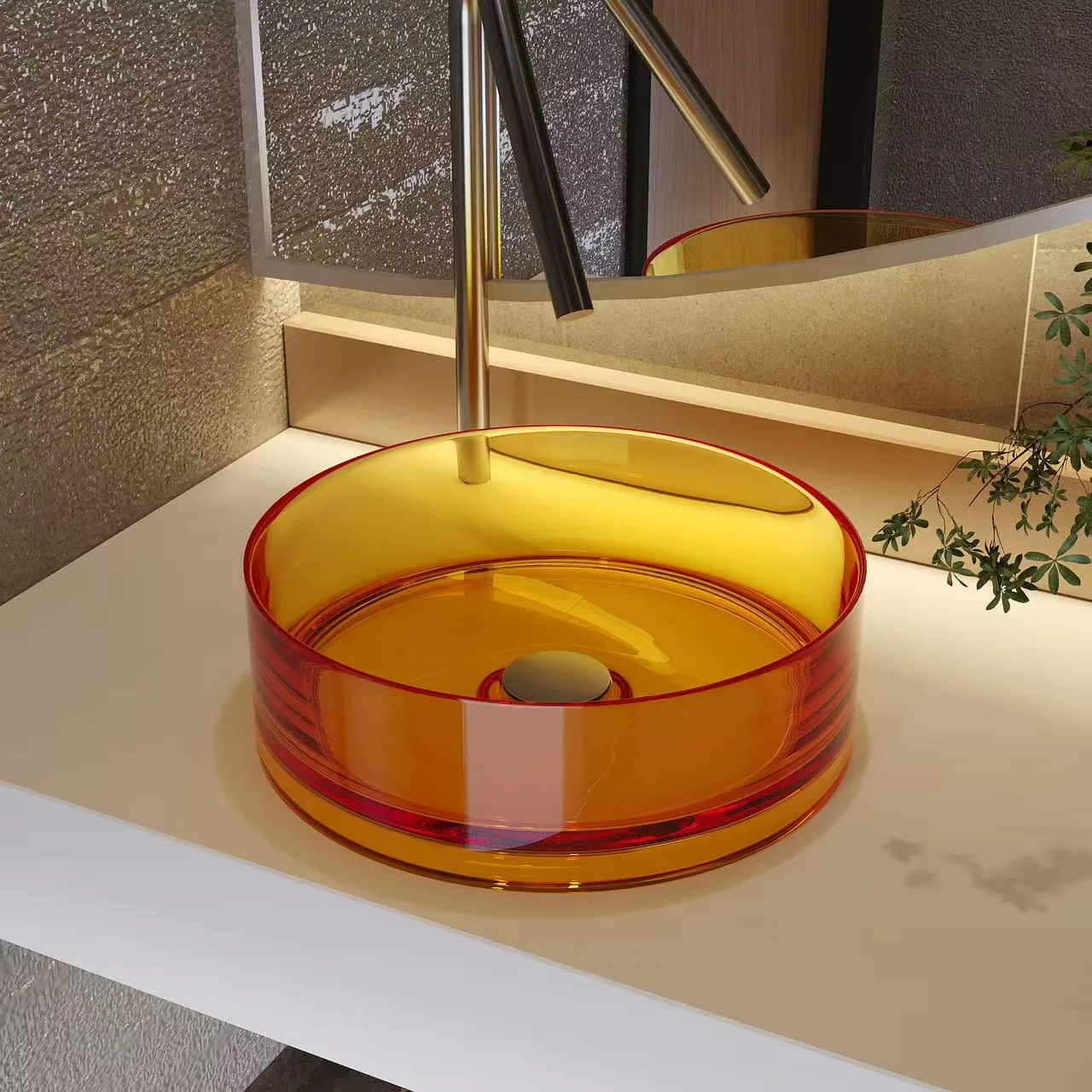 Contemporary countertop vanity decorated with a honey yellow translucent round glass vessel sink.