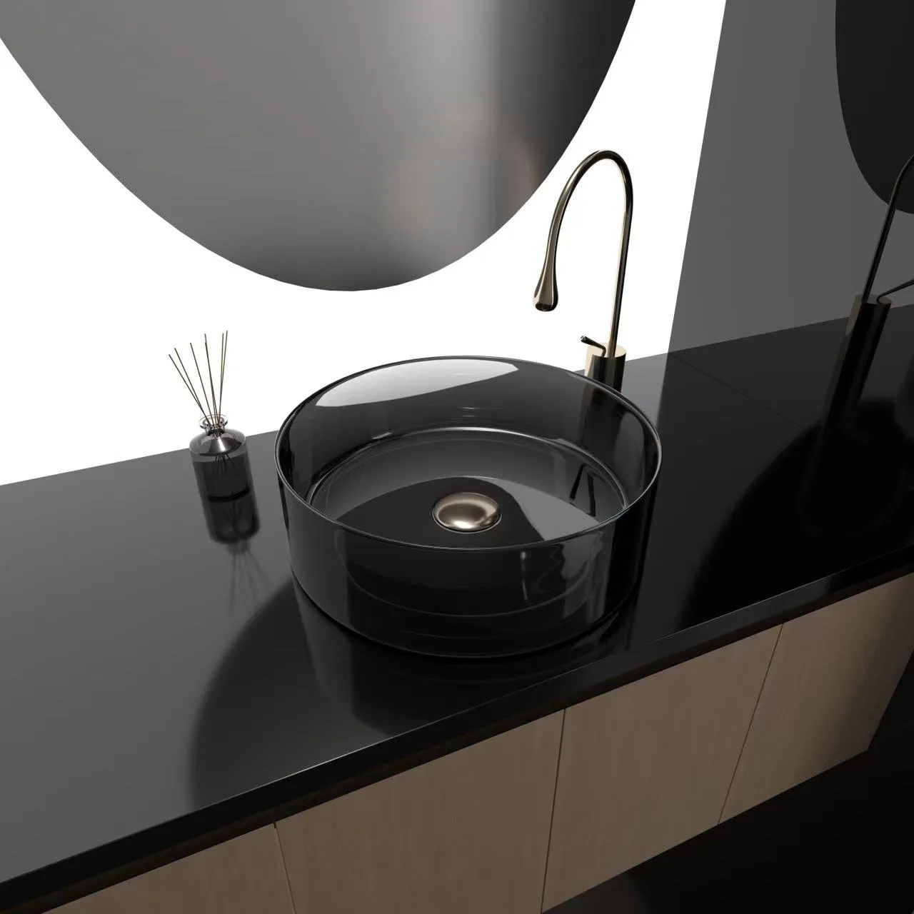 Modern corporate restroom design featuring an emerald green translucent round glass vessel sink.