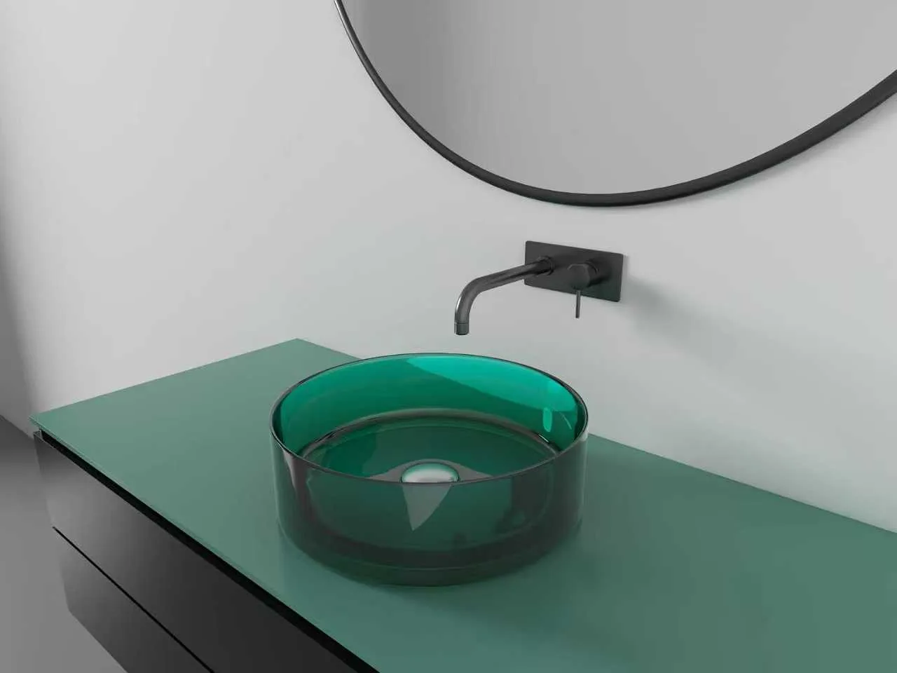 Modern corporate restroom design featuring an emerald green translucent round glass vessel sink.