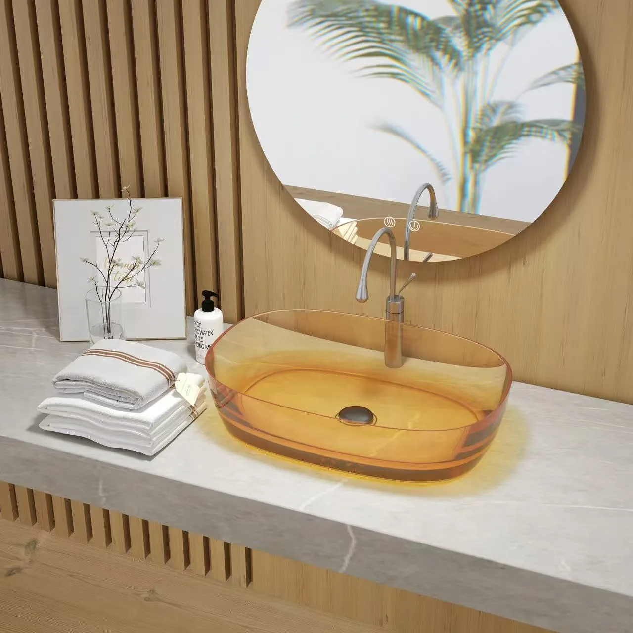 Translucent light blue colored glass bathroom vessel sink with matching accessories.