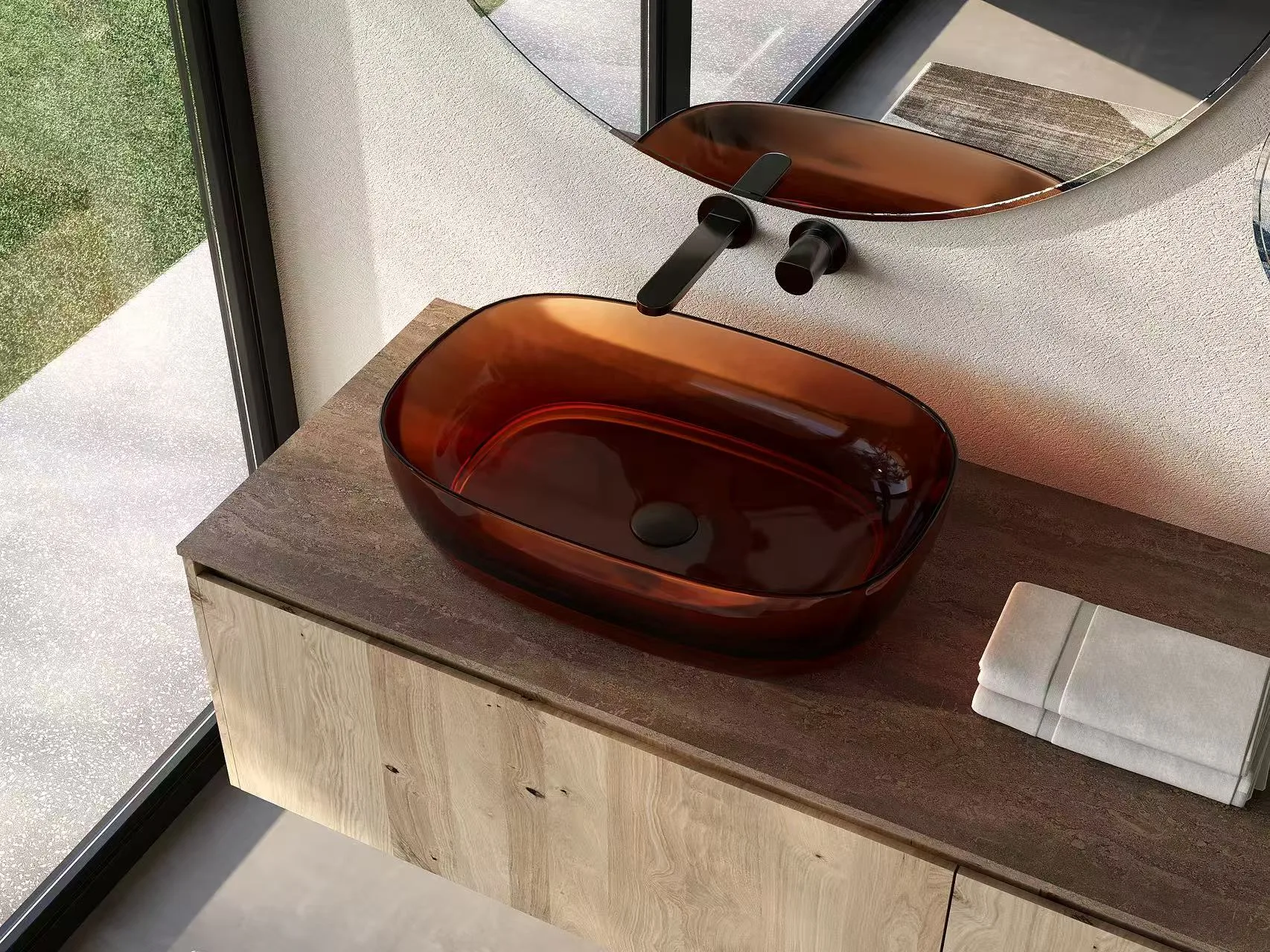 Rectangular translucent green colored glass bathroom vessel sink on countertop.