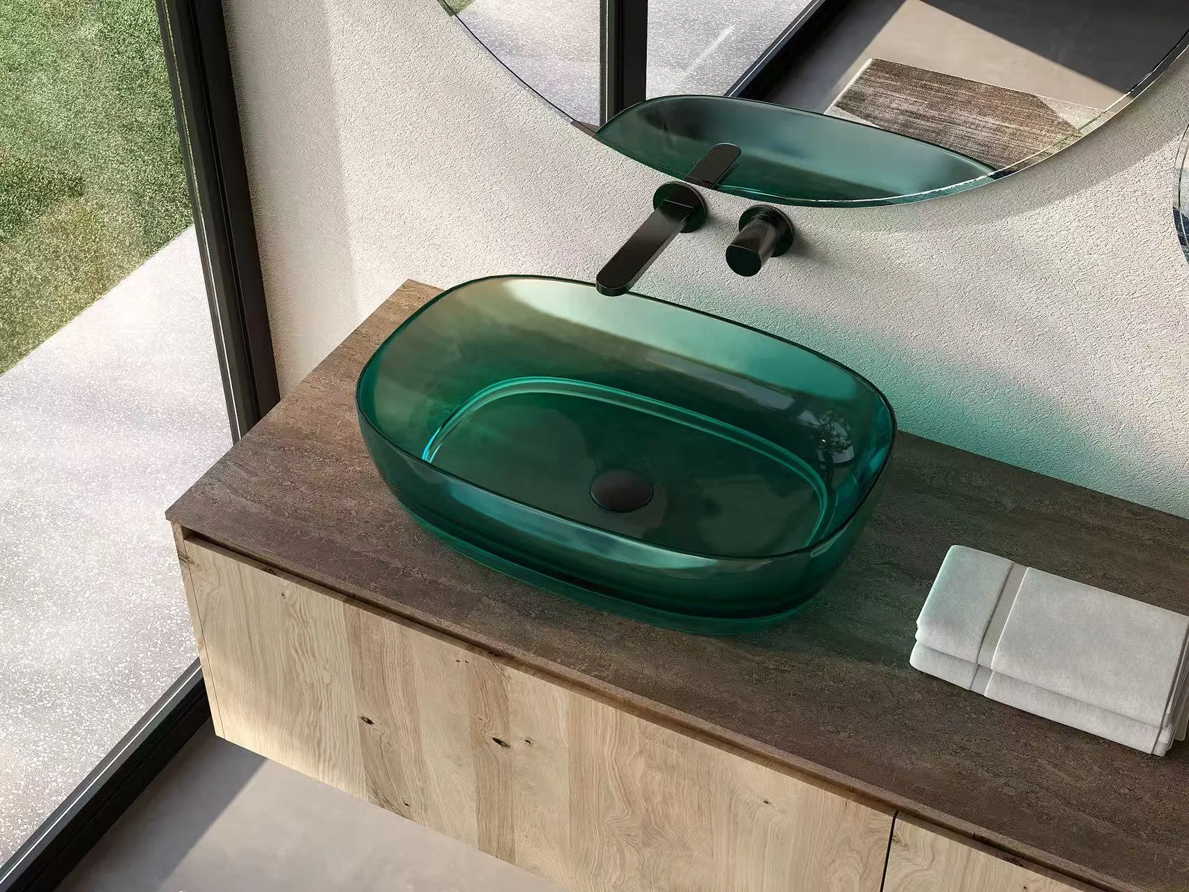 Rectangular translucent green colored glass bathroom vessel sink on countertop.
