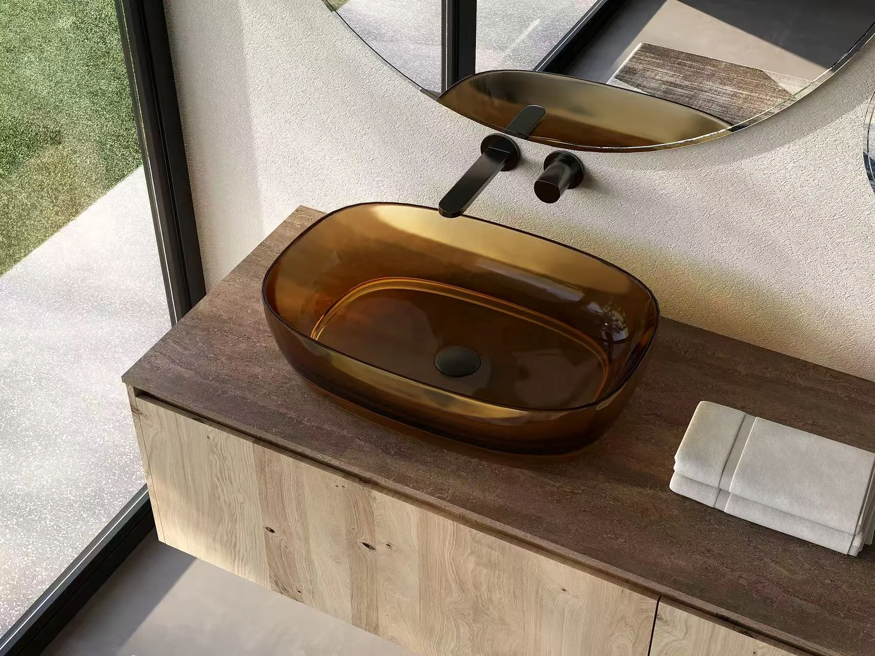 Rectangular translucent green colored glass bathroom vessel sink on countertop.