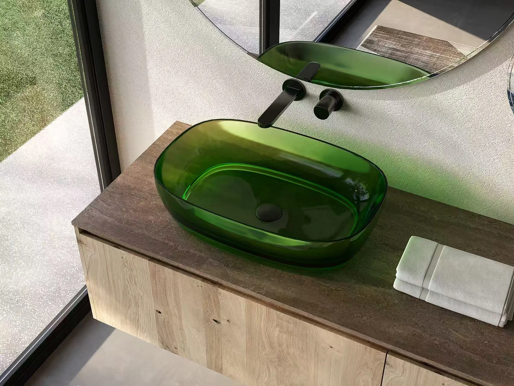 Contemporary vanity featuring rectangular blue colored glass bathroom vessel sinks.