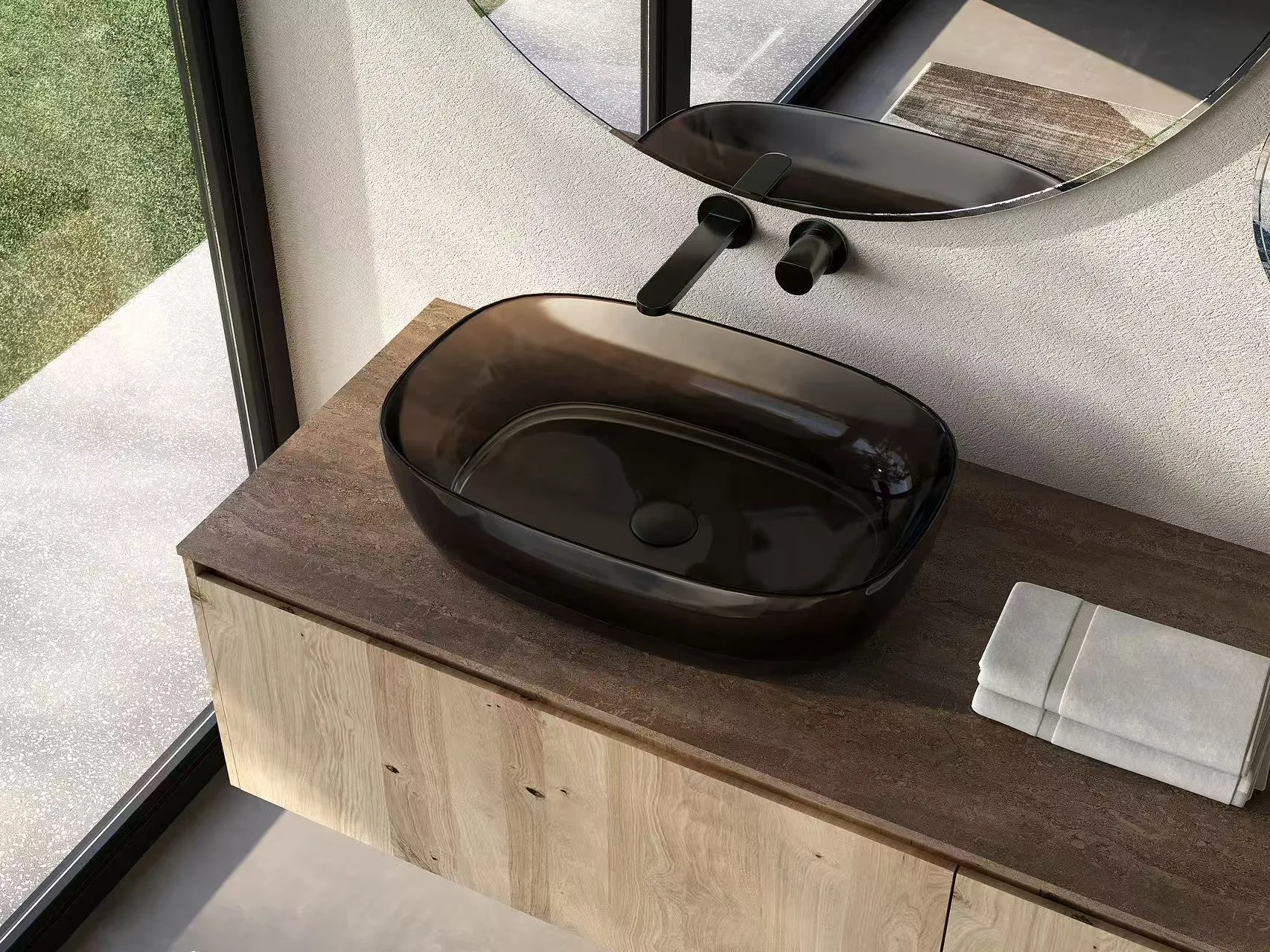 Contemporary vanity featuring rectangular blue colored glass bathroom vessel sinks.