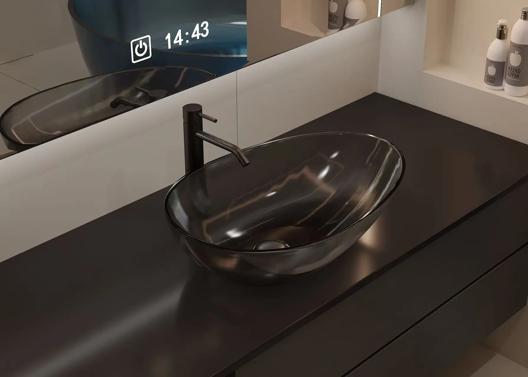Technical blueprint showing the oval dimensions of colored glass vessel bathroom basins.