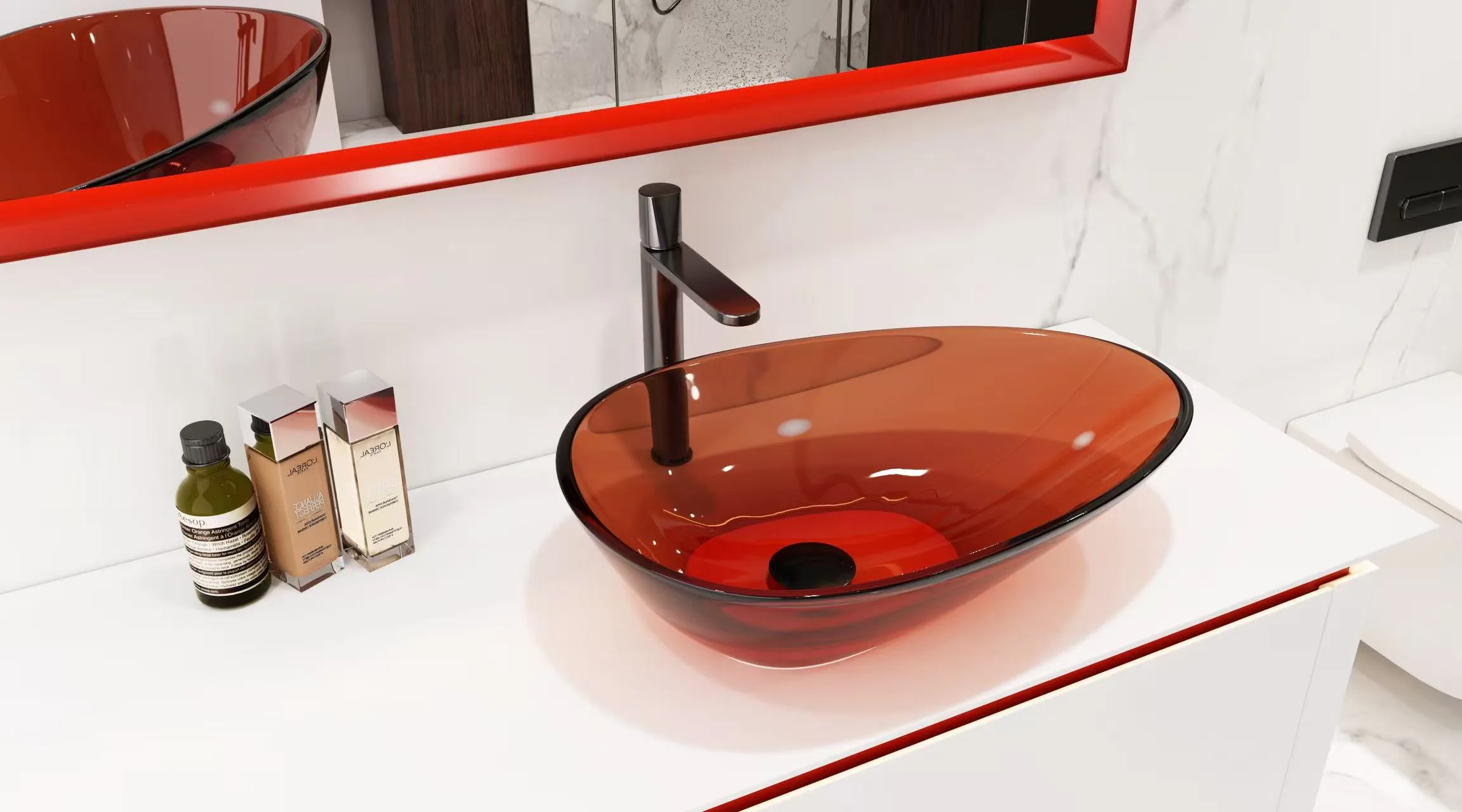 High-end hospitality restroom utilizing vibrant red colored glass vessel bathroom basins.