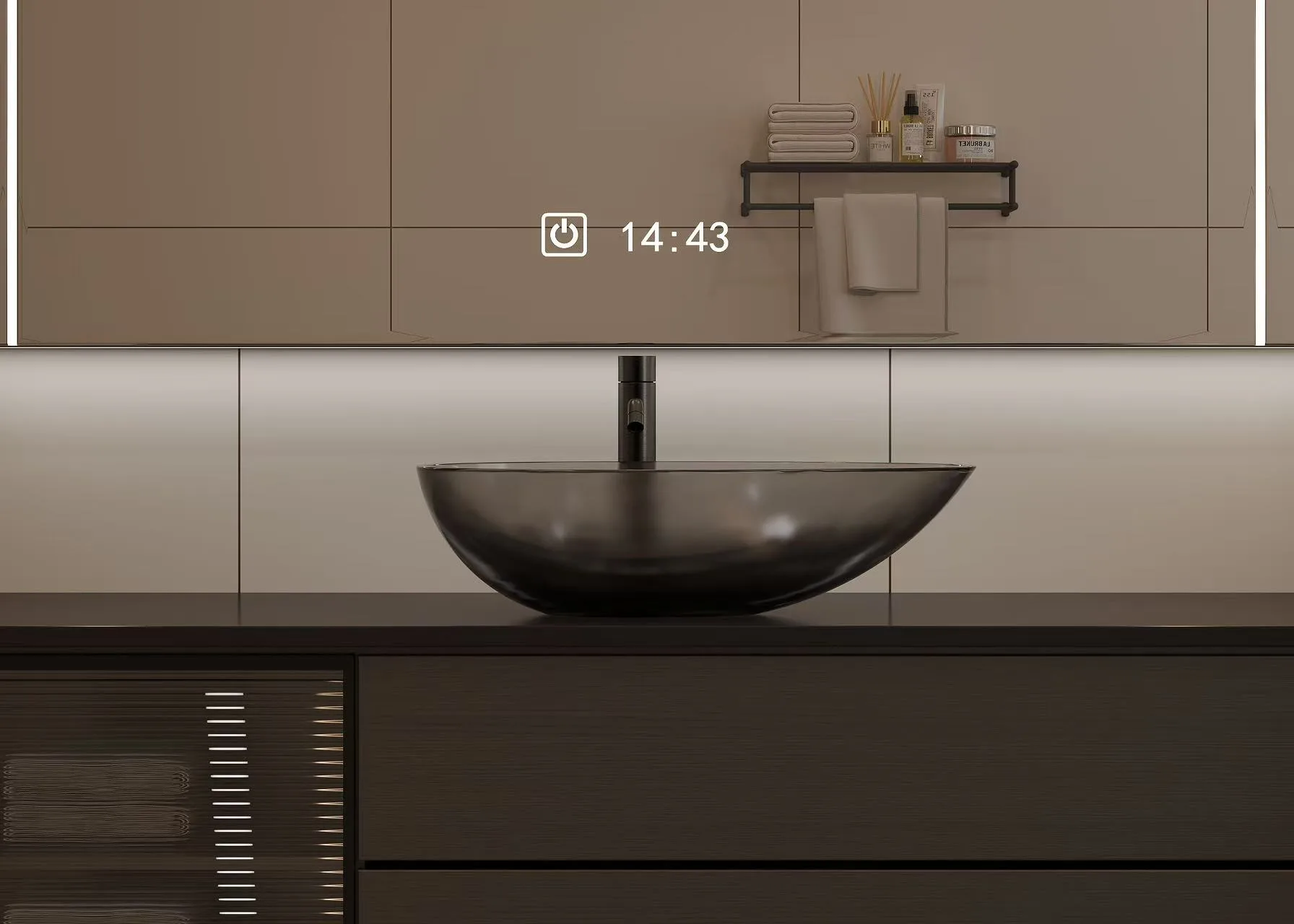 Contemporary countertop setting with a translucent amber colored glass vessel bathroom basin