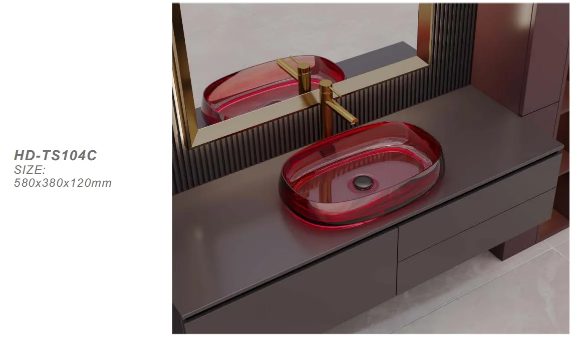 Front view architectural render of the ruby-toned translucent red glass vessel bathroom sinks styled on a contemporary dark minimalist countertop.