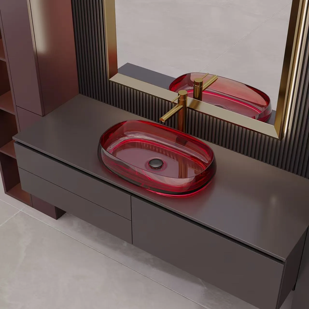 Luxury modern vanity set featuring above-counter translucent red glass vessel bathroom sinks paired with an elegant brushed gold faucet.