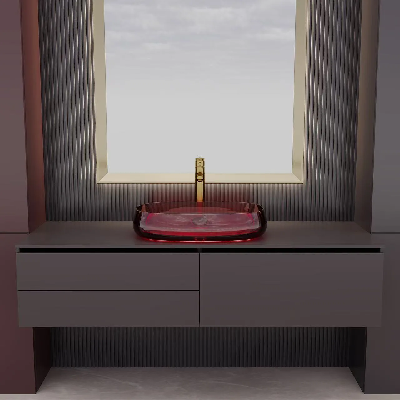 Product dimension chart highlighting the exact metric layout of the HD-TS104C translucent red glass vessel bathroom sinks.
