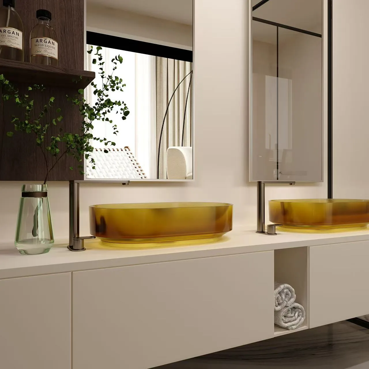 Luxury double vanity layout featuring a pair of amber glass vessel bathroom sinks on a modern matte white floating countertop.