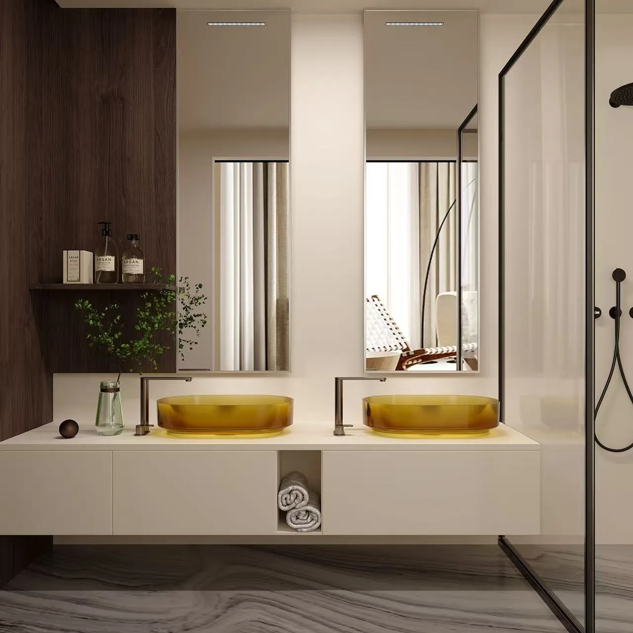 Full architectural view of a high-end hospitality bathroom featuring twin amber glass vessel bathroom sinks and floor-to-ceiling minimalist mirrors.
