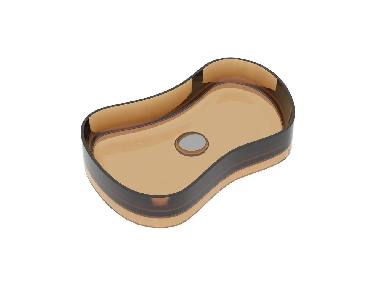 Standalone product render of an organic shaped glass vessel bathroom sink in a rich translucent amber tone.