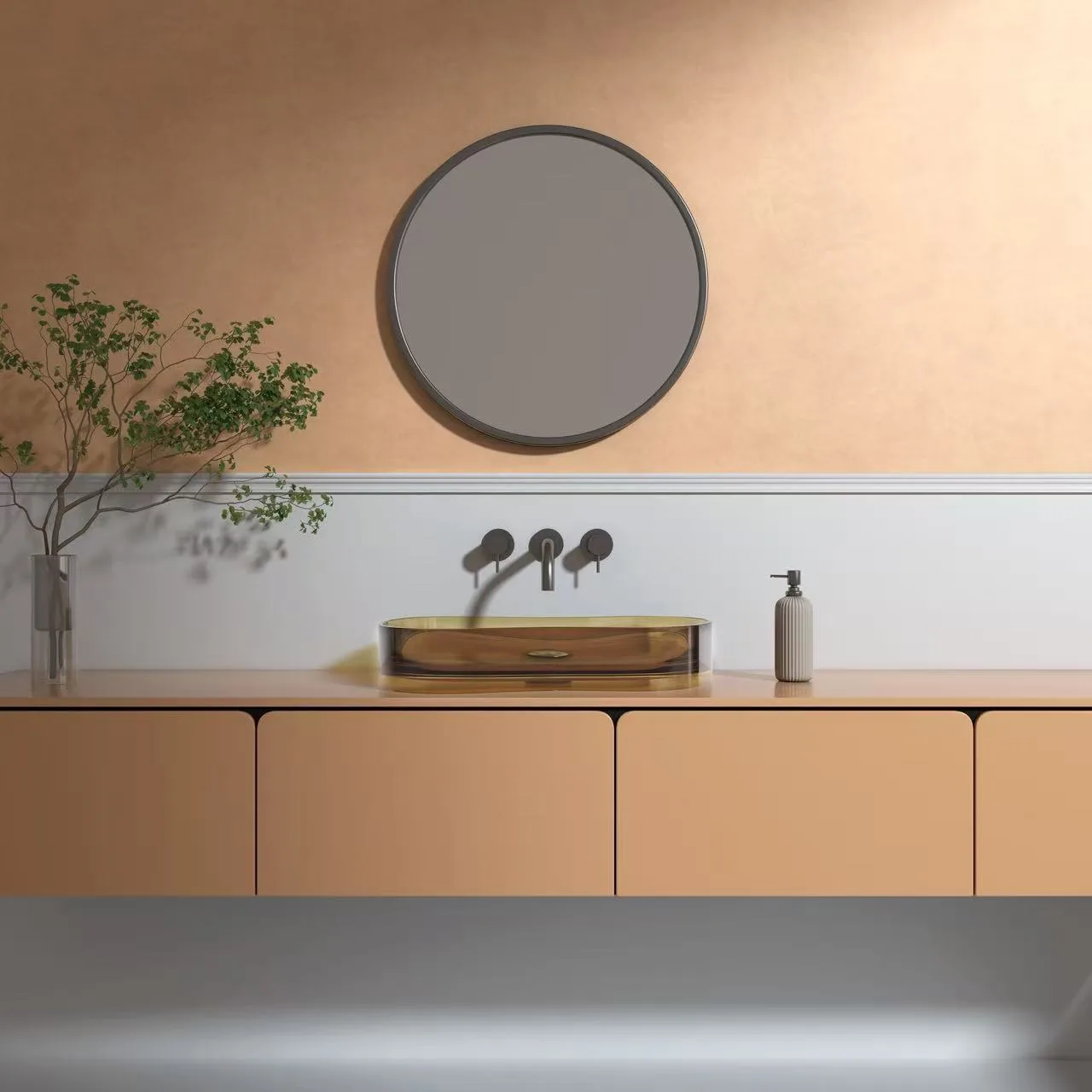 Clean, symmetrical bathroom setting showing the organic shaped glass vessel bathroom sinks under warm wash lighting.