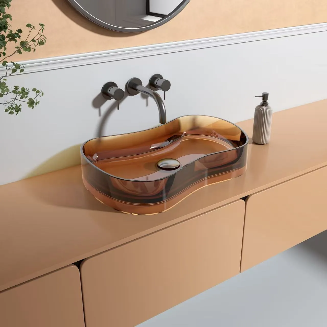 Elevated perspective displaying the unique wave-like ergonomic edges of the organic shaped glass vessel bathroom sinks.