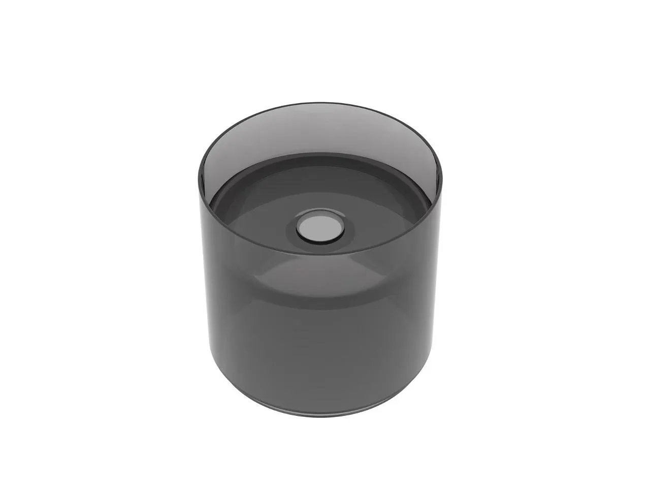 Elevated perspective of a translucent amber cylindrical glass vessel bathroom basin under clean lighting.