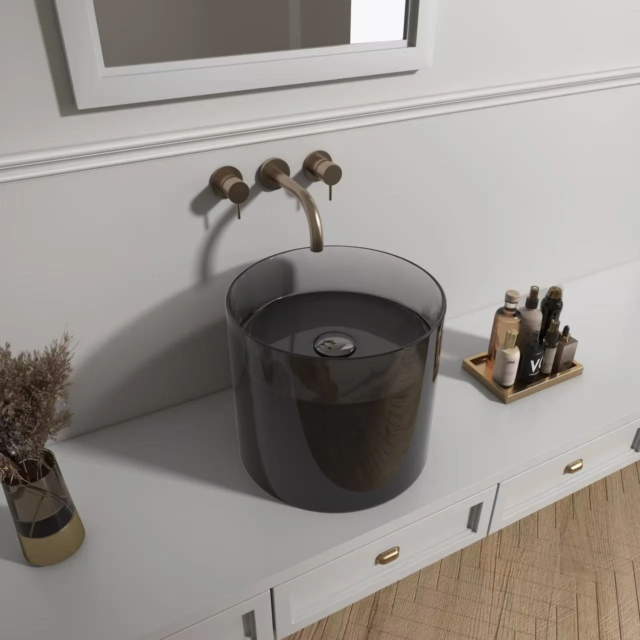 Standalone rendering of the amber translucent cylindrical glass vessel bathroom basin.