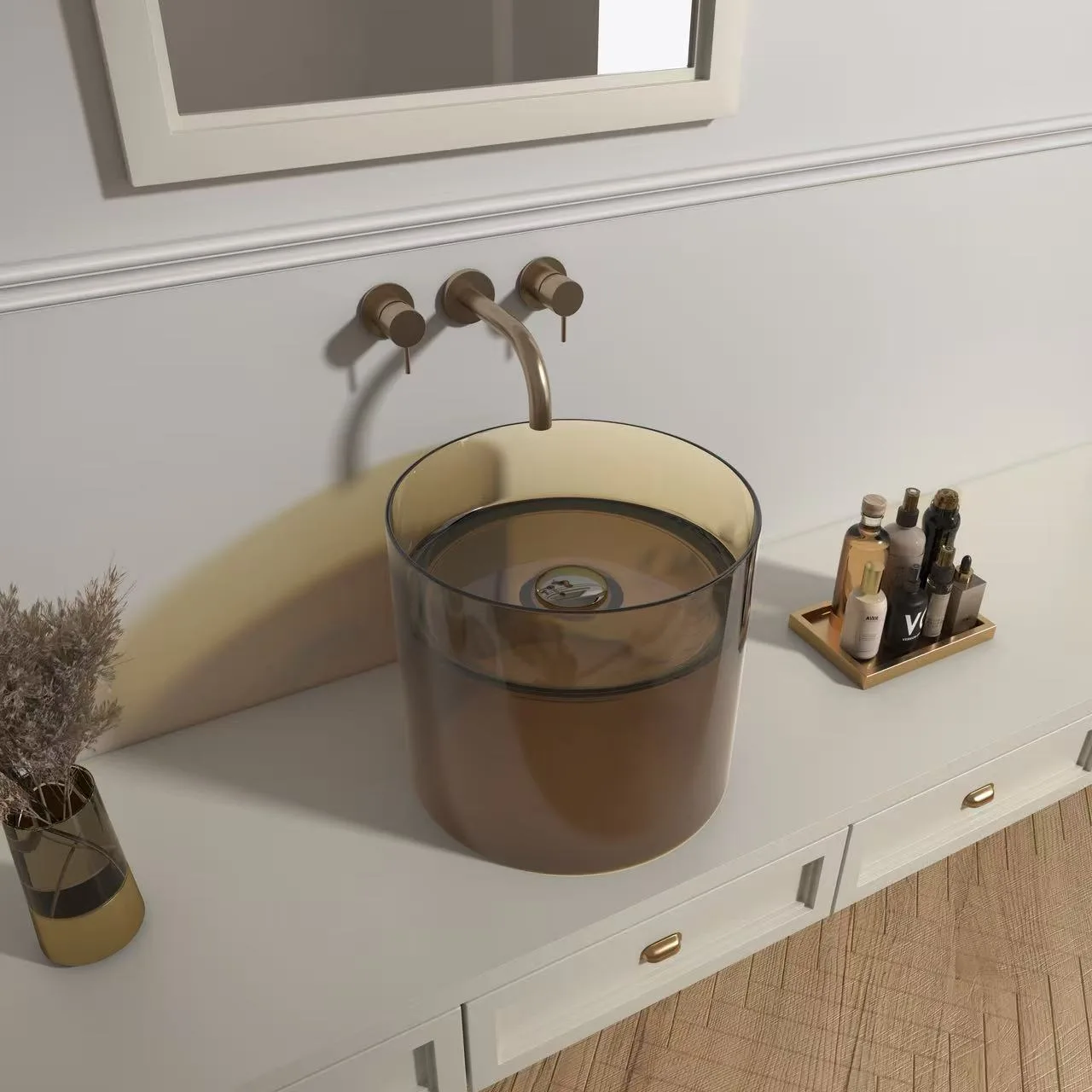 Standalone top-down render of a smokey grey cylindrical glass vessel bathroom basin.