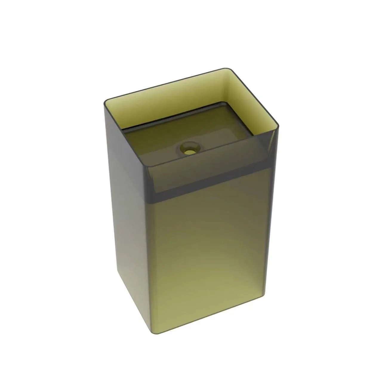 Direct top-down view of the amber illuminated translucent resin pedestal washbasin showcasing the glowing base, square basin layout, and central pop-up drain.