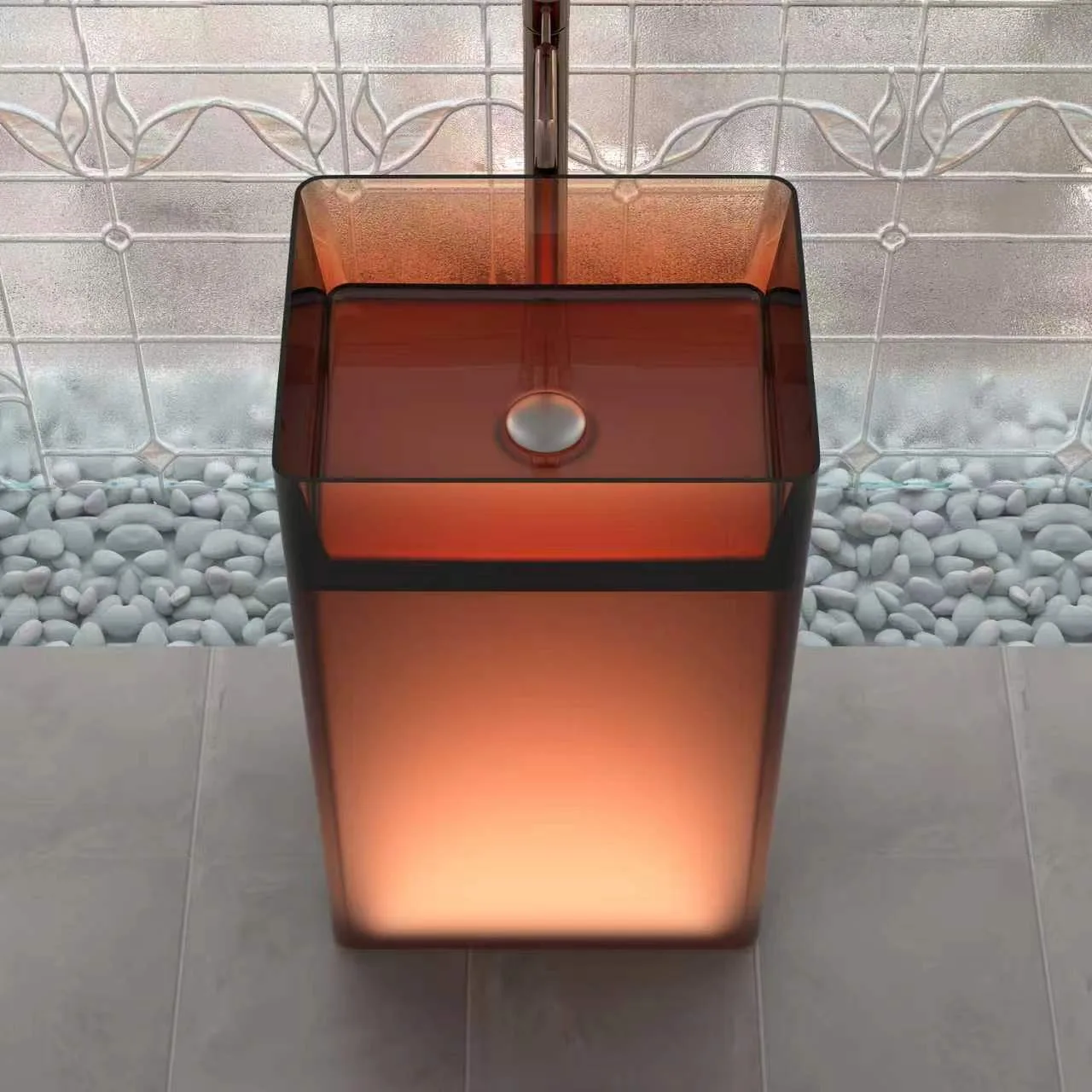 Studio isolated view of the olive green variant of the translucent resin freestanding pedestal washbasin outlining its clean rectangular geometry.