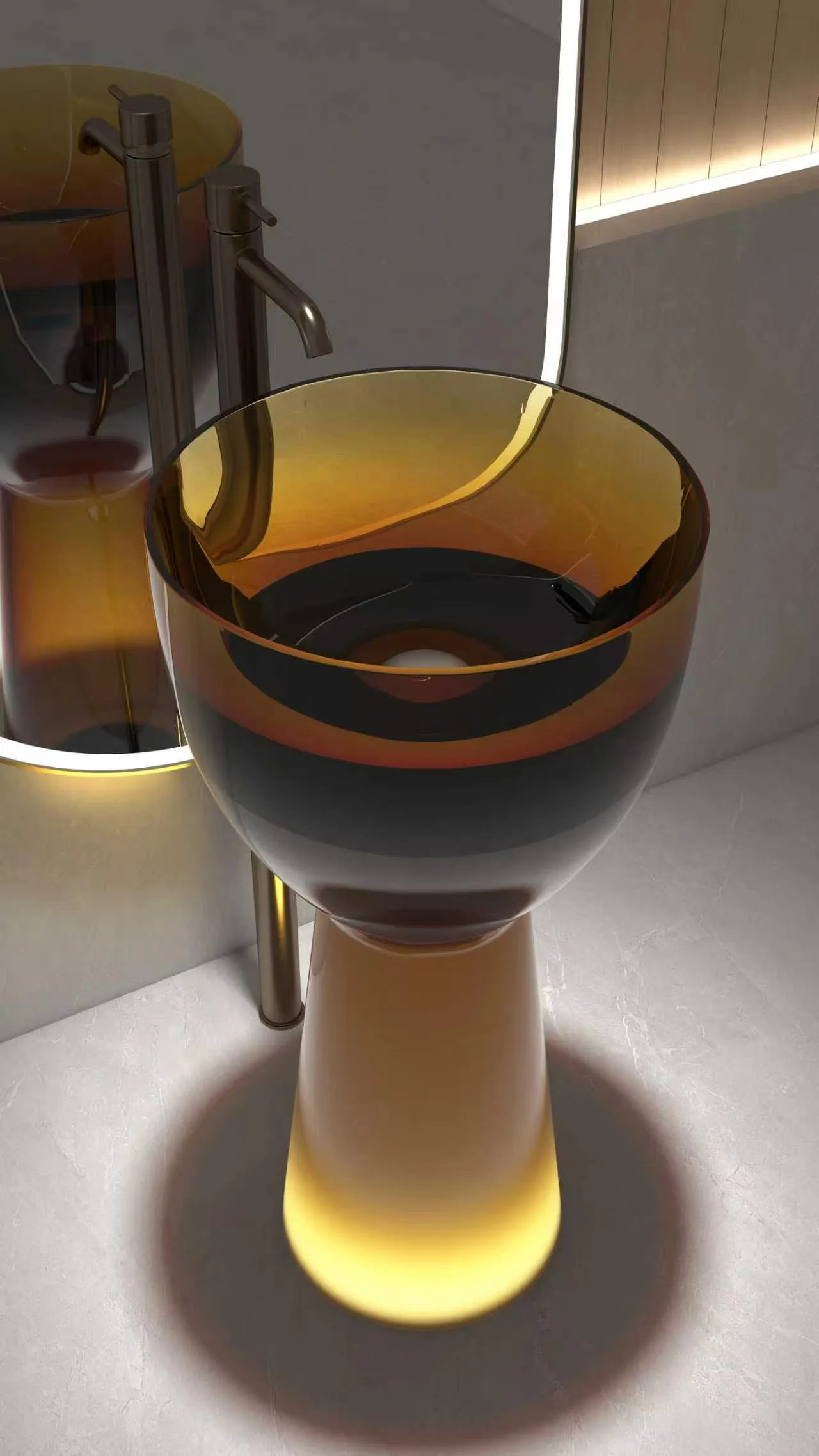 Studio isolated view of the amber yellow variant of the chalice translucent resin pedestal washbasin outlining its elegant goblet geometric silhouette.
