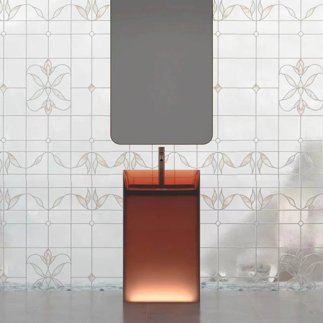 Straight-on front elevation view highlighting the glowing architectural column profile and matching vertical wall mirror of the amber illuminated translucent resin pedestal washbasin.