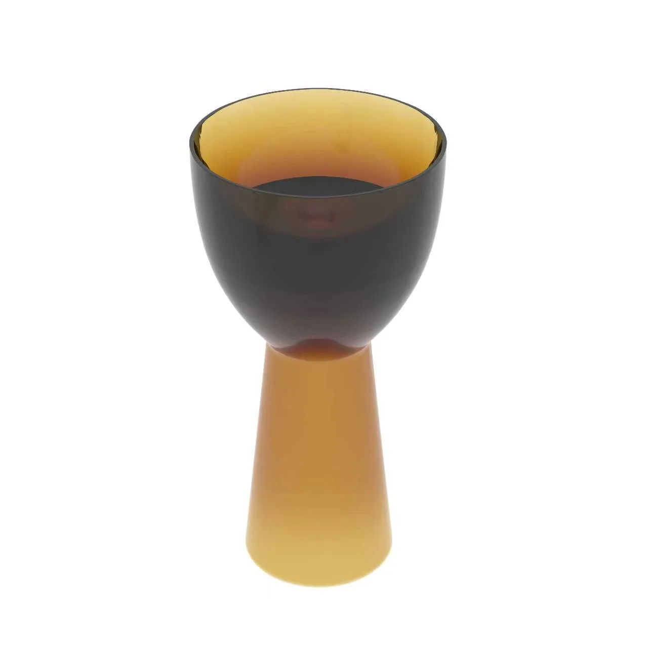 Three-quarter perspective view of the amber illuminated chalice translucent resin pedestal washbasin paired with a tall metallic faucet and a pill-shaped backlit mirror.