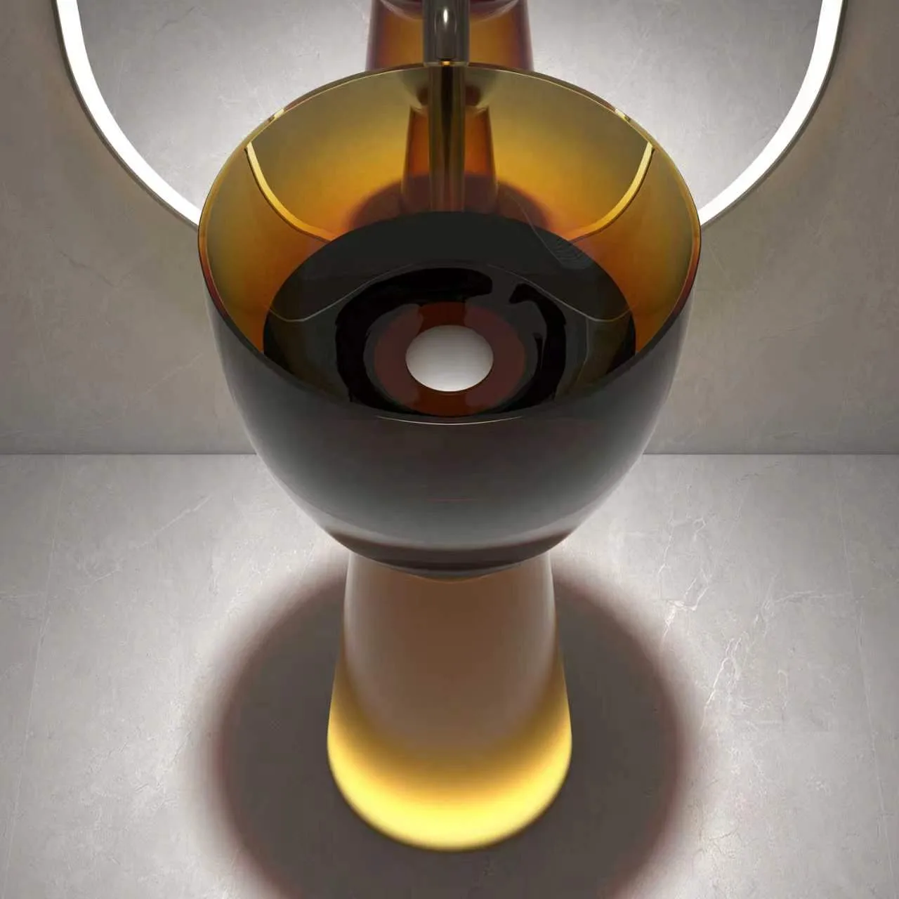 Close-up high-angle view of the deep circular bowl of the amber chalice translucent resin pedestal washbasin and integrated deck-mounted faucet configuration.