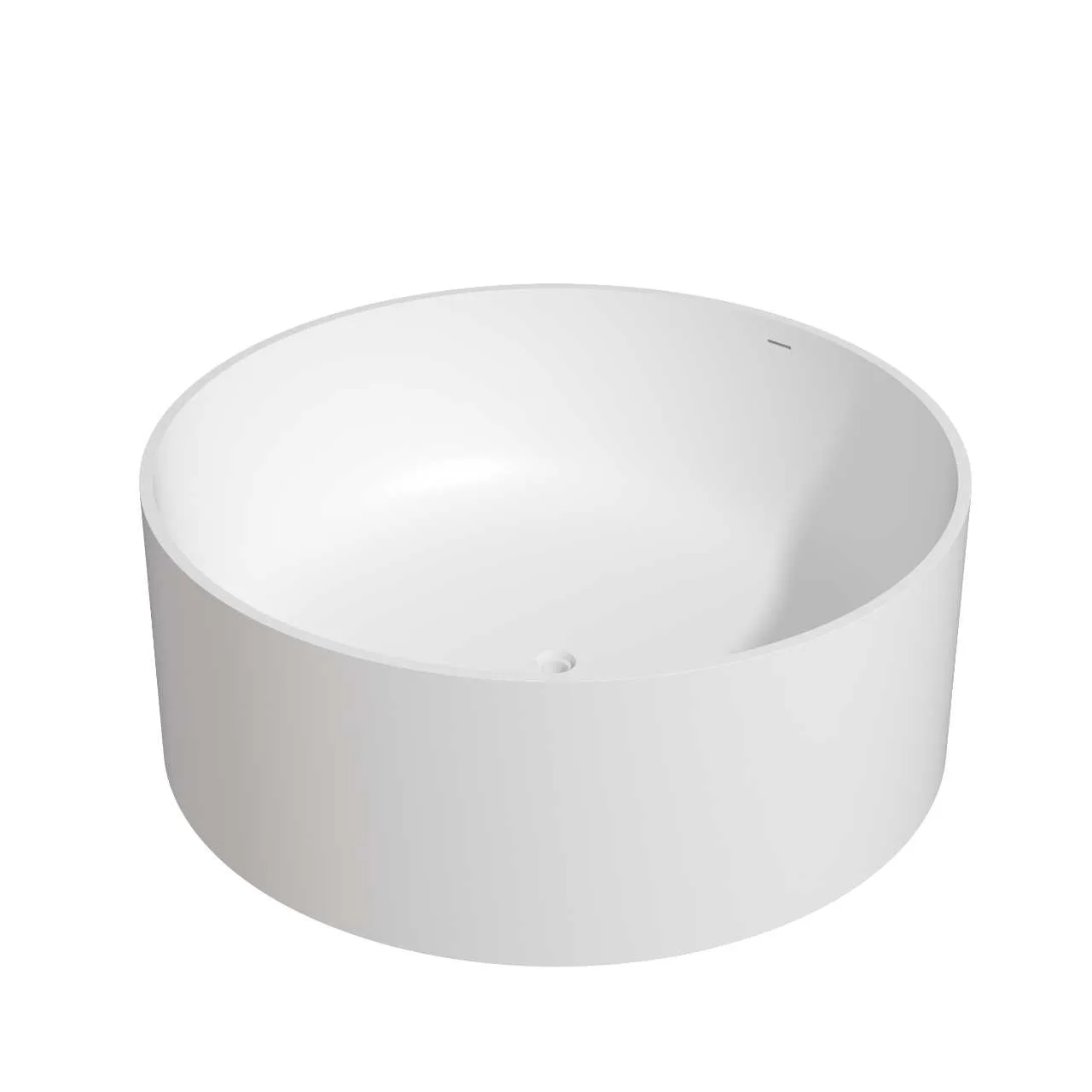 Alternative high-angle perspective view showcasing the matte white round solid surface freestanding bathtub paired with a premium floor-mounted filler faucet on a dedicated circular base.